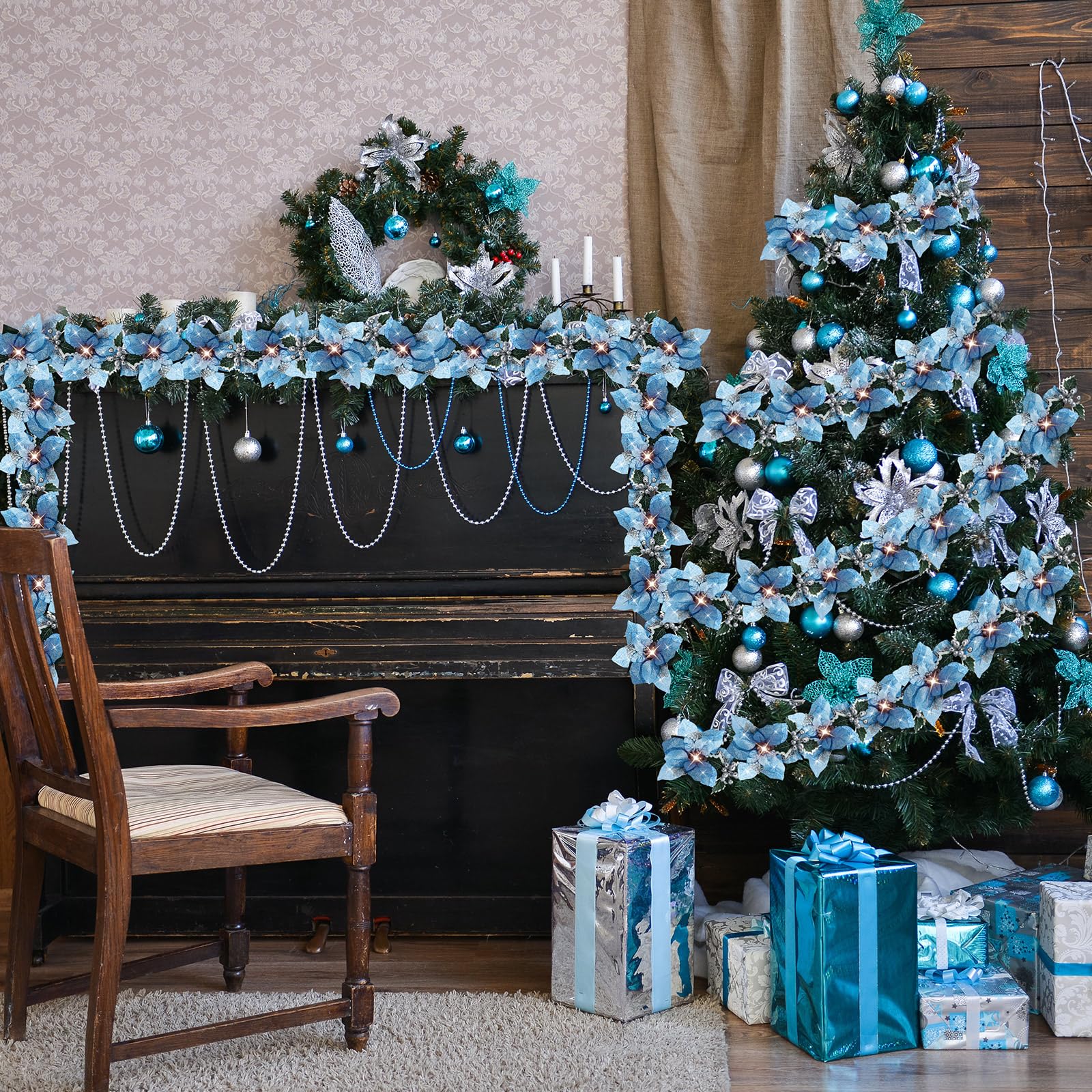 Zubebe 4 guirnaldas de Navidad preiluminadas de 6.5 pies con cadena de luces con purpurina, hojas de acebo, bayas, temporizador remoto, 8 modos, guirnalda de flores iluminadas, funciona con pilas