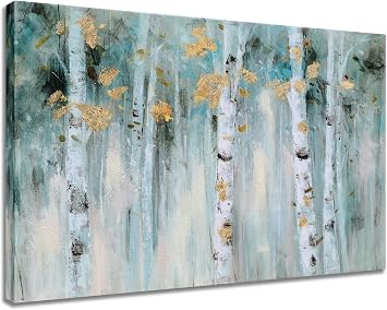 SYGALLERIER Birch Tree Canvas Wall Art with Textured Modern Forest Paintings with Gold Foil Contemporary Landscape Pictures in Green and White Color for Living Room Bedroom Bathroom Decor