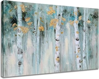 SYGALLERIER Birch Tree Canvas Wall Art with Textured Modern Forest Paintings with Gold Foil Contemporary Landscape Pictures in Green and White Color for Living Room Bedroom Bathroom Decor