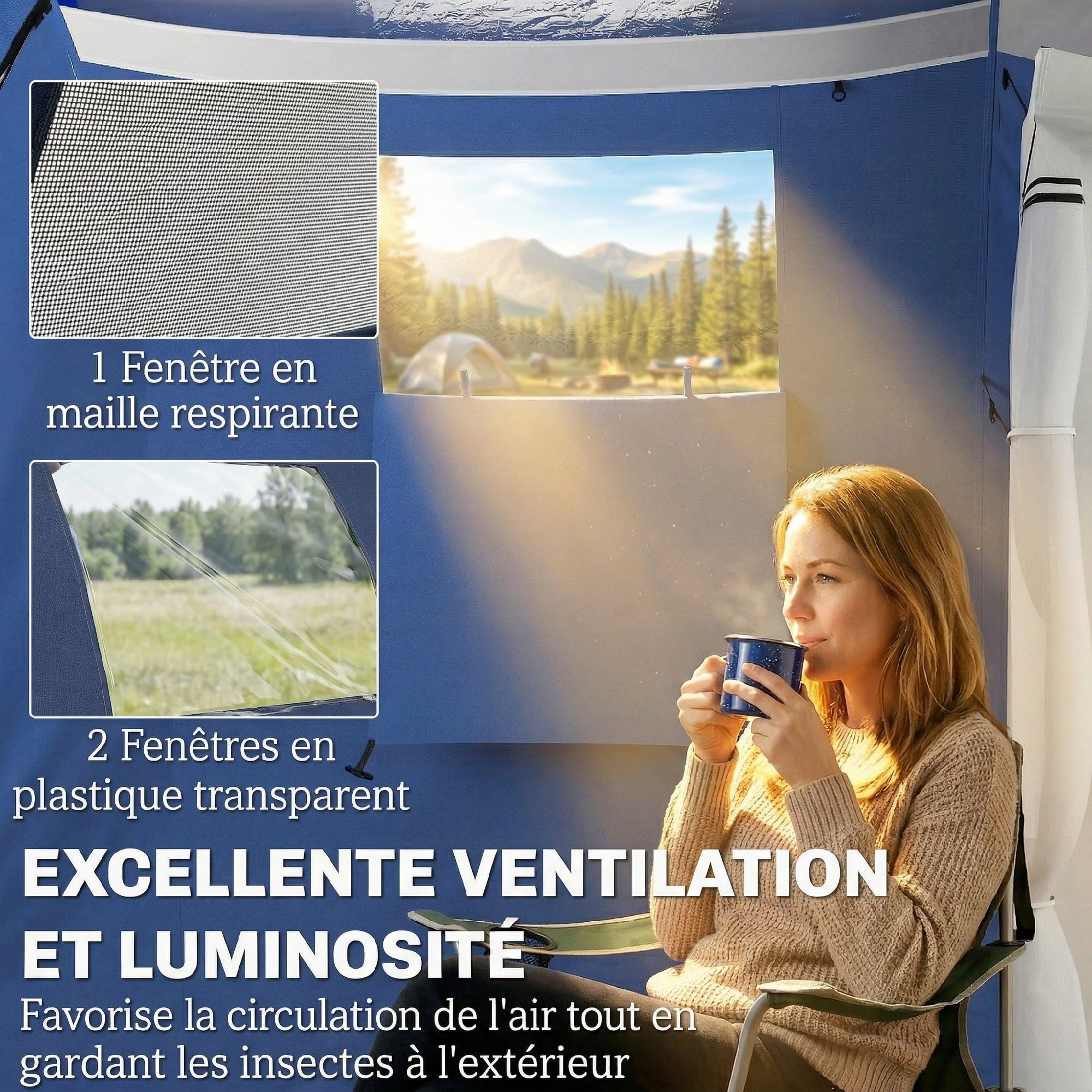 Outsunny Tente de Camping Tunnel pour 4 Personnes Imperméable 3000mm - Séjour Spacieux Double Couche Hauteur 190cm - Abri de Jardin pour Bivouac Randonnée avec Auvent, Bleu Foncé