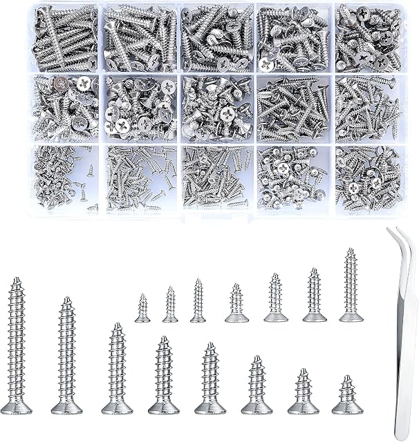 595 Pcs M2 M3 M4 Cross Flat Head Self-Tapping Screws, 304 Stainless Steel Countersunk Head Self-Drilling Screws, Wood Drywall Screws Assortment Set with Tweezer