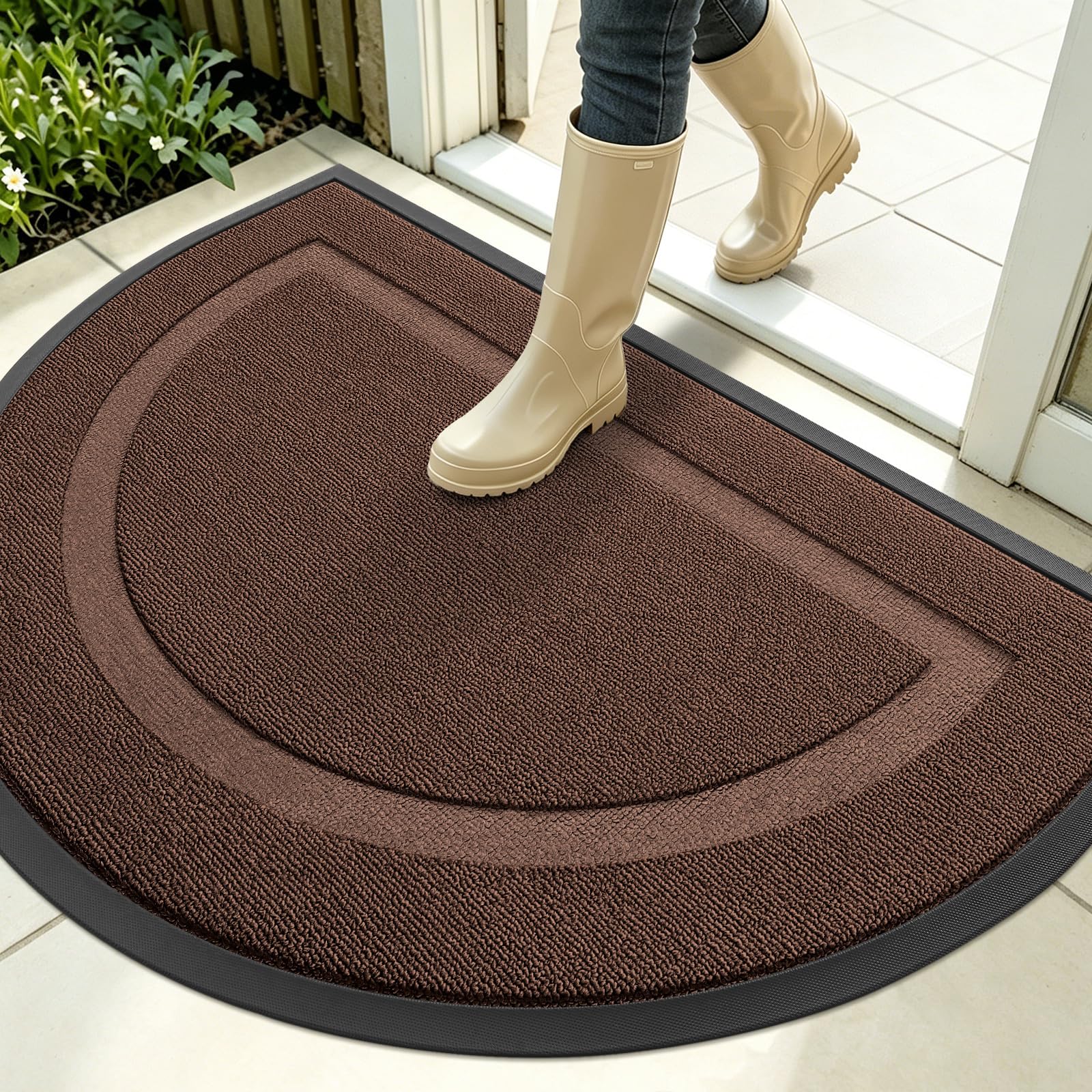 OLANLY Half Circle Front Door Mat Outside 35x23 All-Season Rubber Doormat | Chocolate Brown, Absorbent, Heavy-Duty, Stain and Fade Resistant, Non-Slip Backing, Low-Profile Indoor Outdoor Entryway Mat