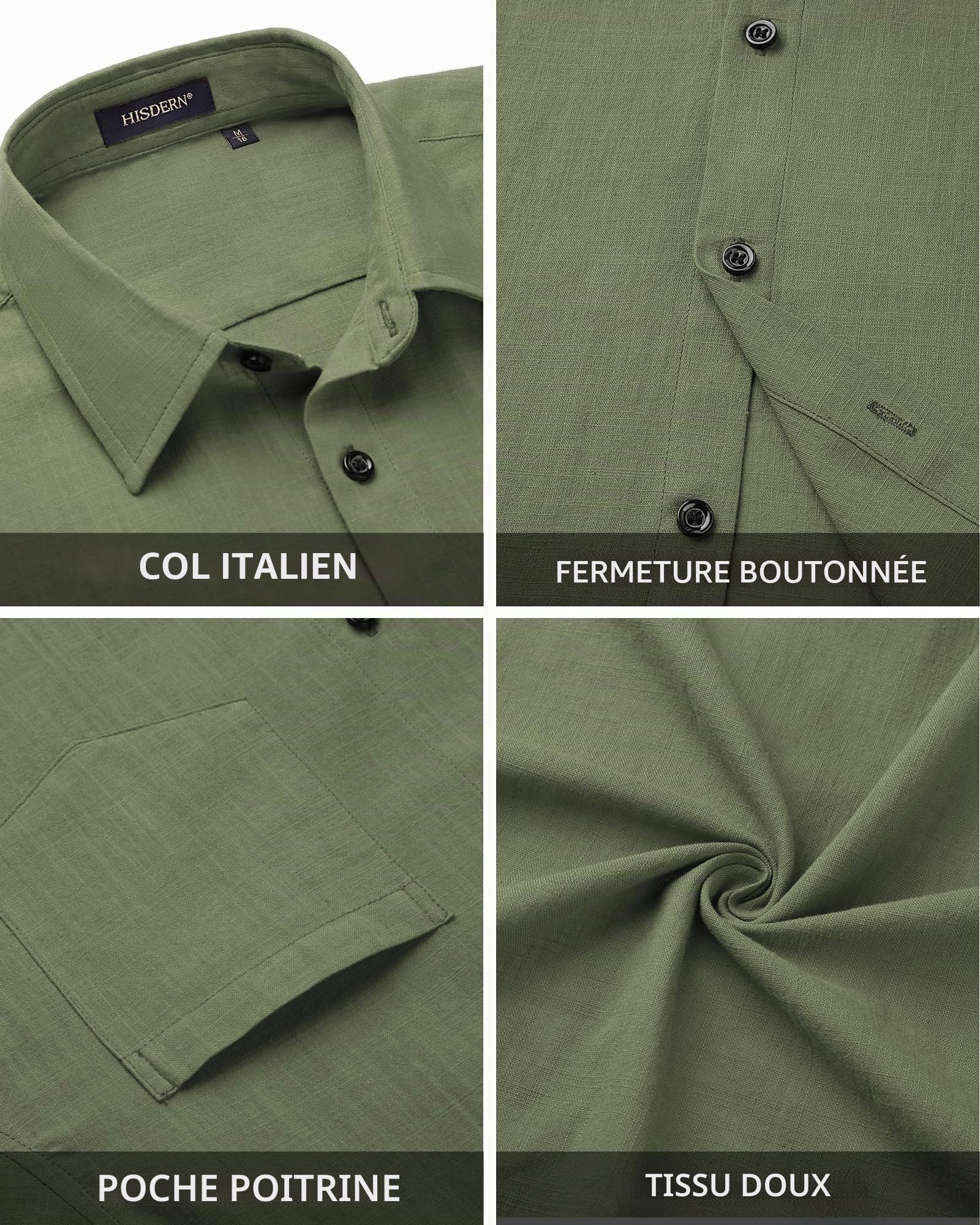 HISDERN Chemises en Lin et Coton pour Homme Manches Longues Décontractée Boutonnées Légères Été Chemise Coupe Régulière de Plage Casual Shirts avec Poche