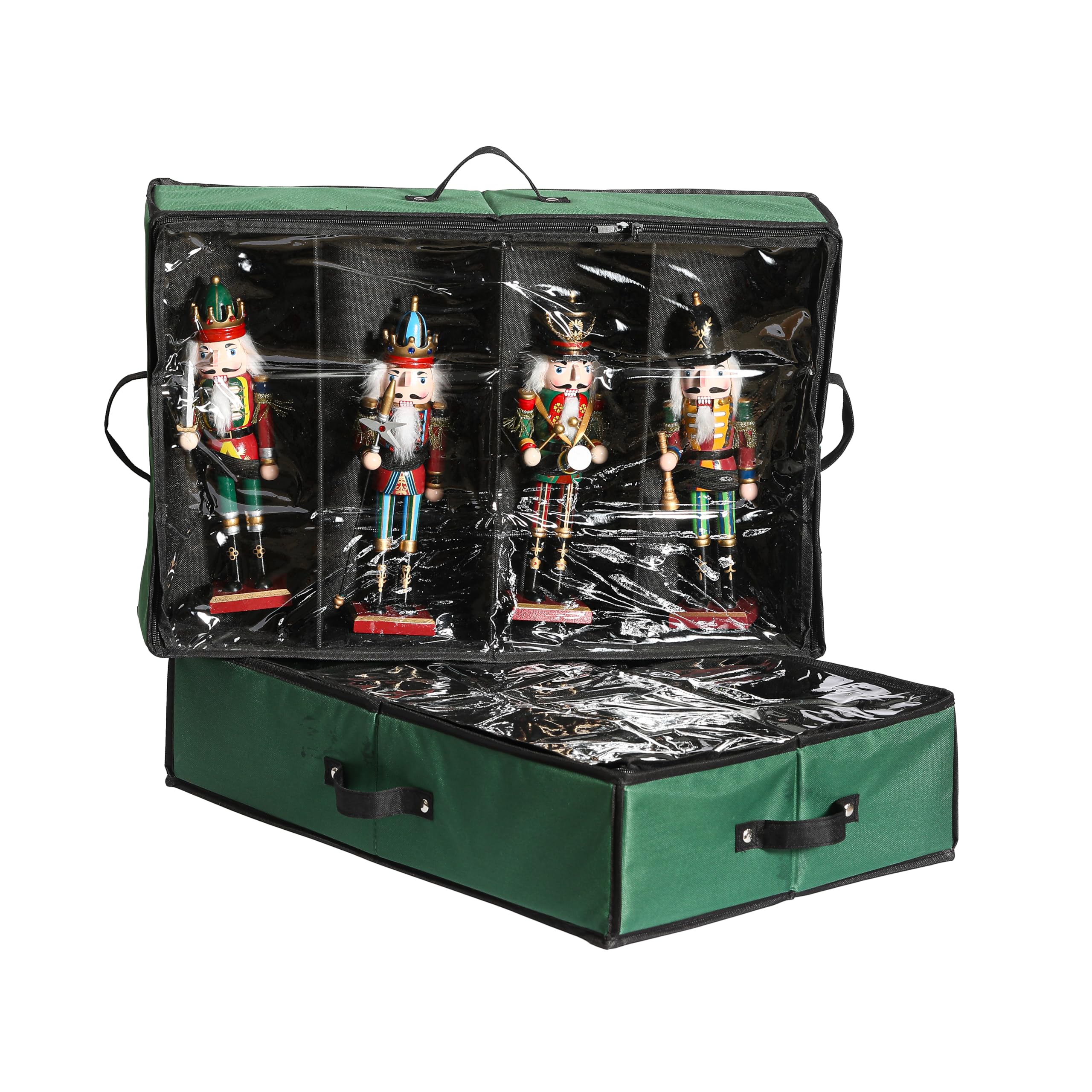 Masnest Christmas Figures Storage Box, 2 Pack, Holds 4 Nutcracker Figurines up to 16 inches, Canvas Adjustable Nutcracker Decor Ornament Storage Container,Xmas Decorations Accessories Boxes,Green