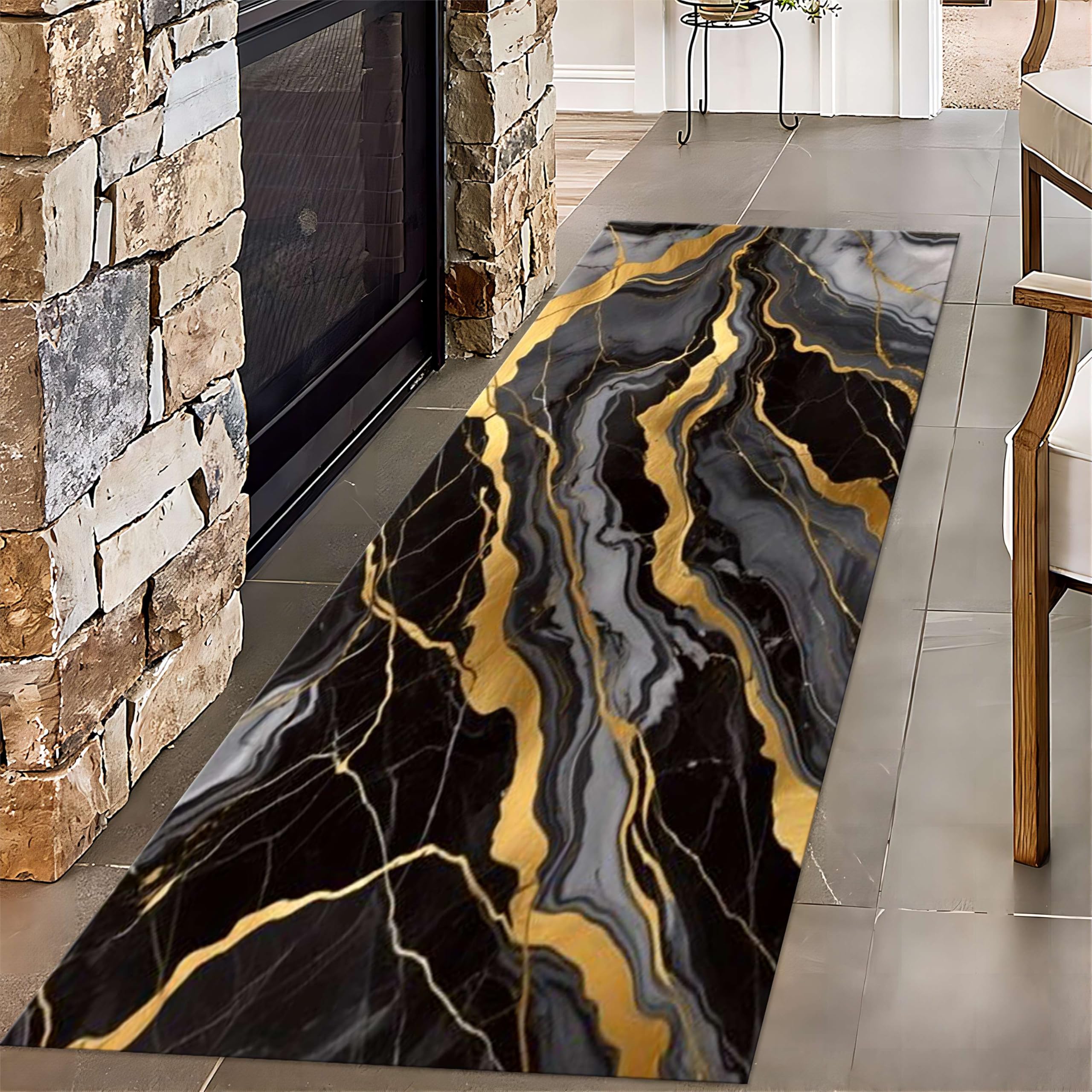 Black Gold Marble Long Hallway Rug Runners, 3.3x10ft, Modern Gold Irregular Texture Indoor Carpet, Cozy Breathable Foldable Carpets, Soft Absorbent