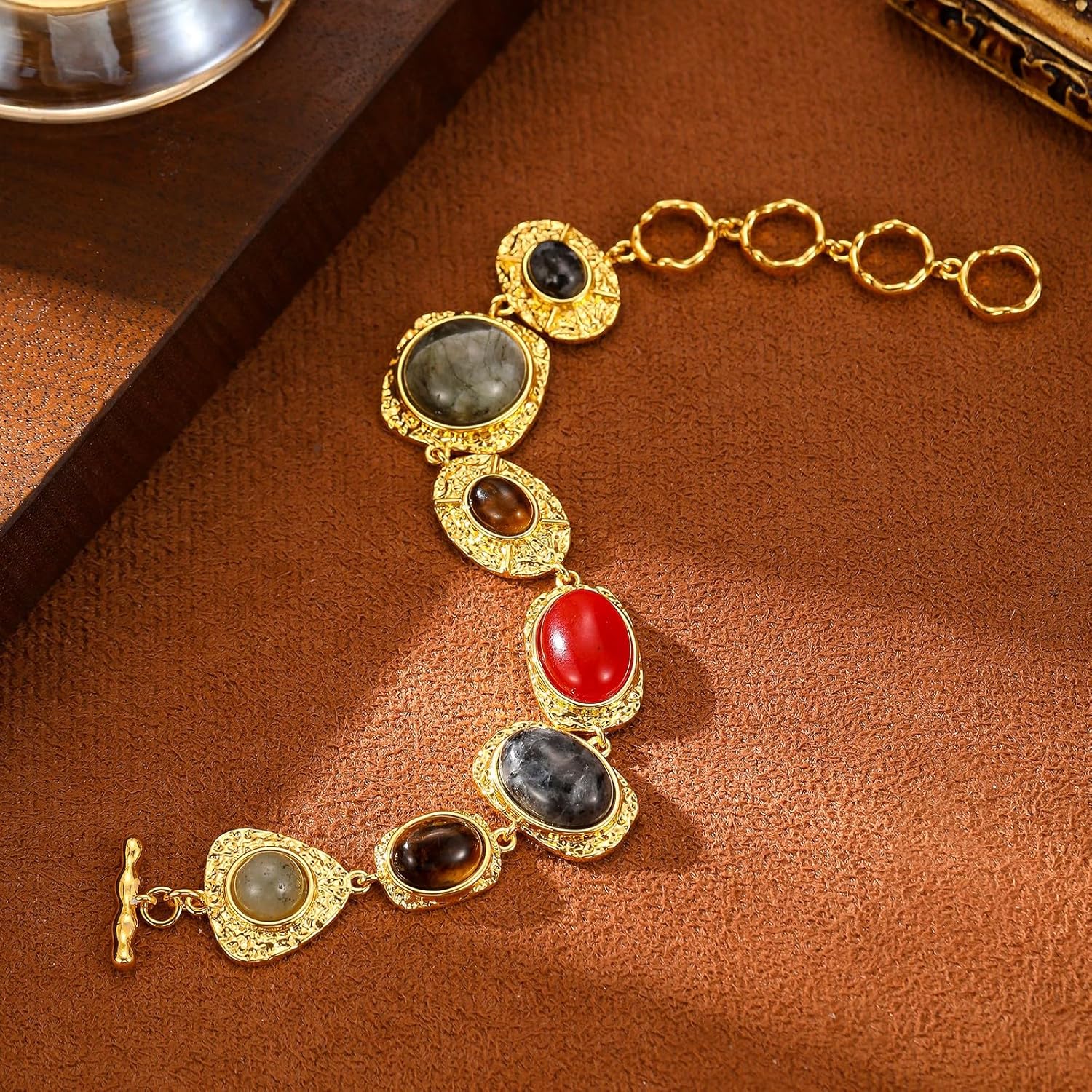 Vintage Gold Plated Bracelet for Women, Multi-Gemstone Hammered Texture Adjustable Clasp, Retro Dainty Jewelry Gift for Her - Image 5