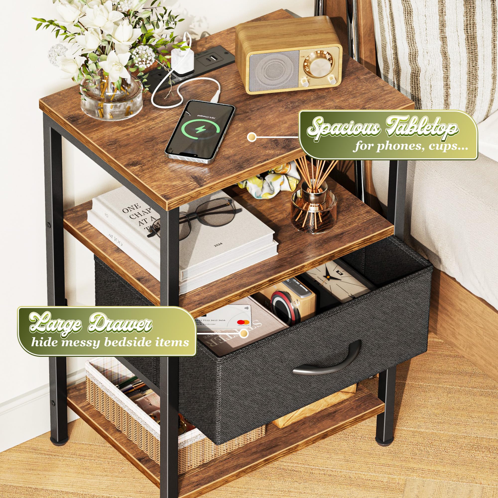 SUPERJARE Nightstand with Charging Station, Bed Side Table with Adjustable Fabri — product photo