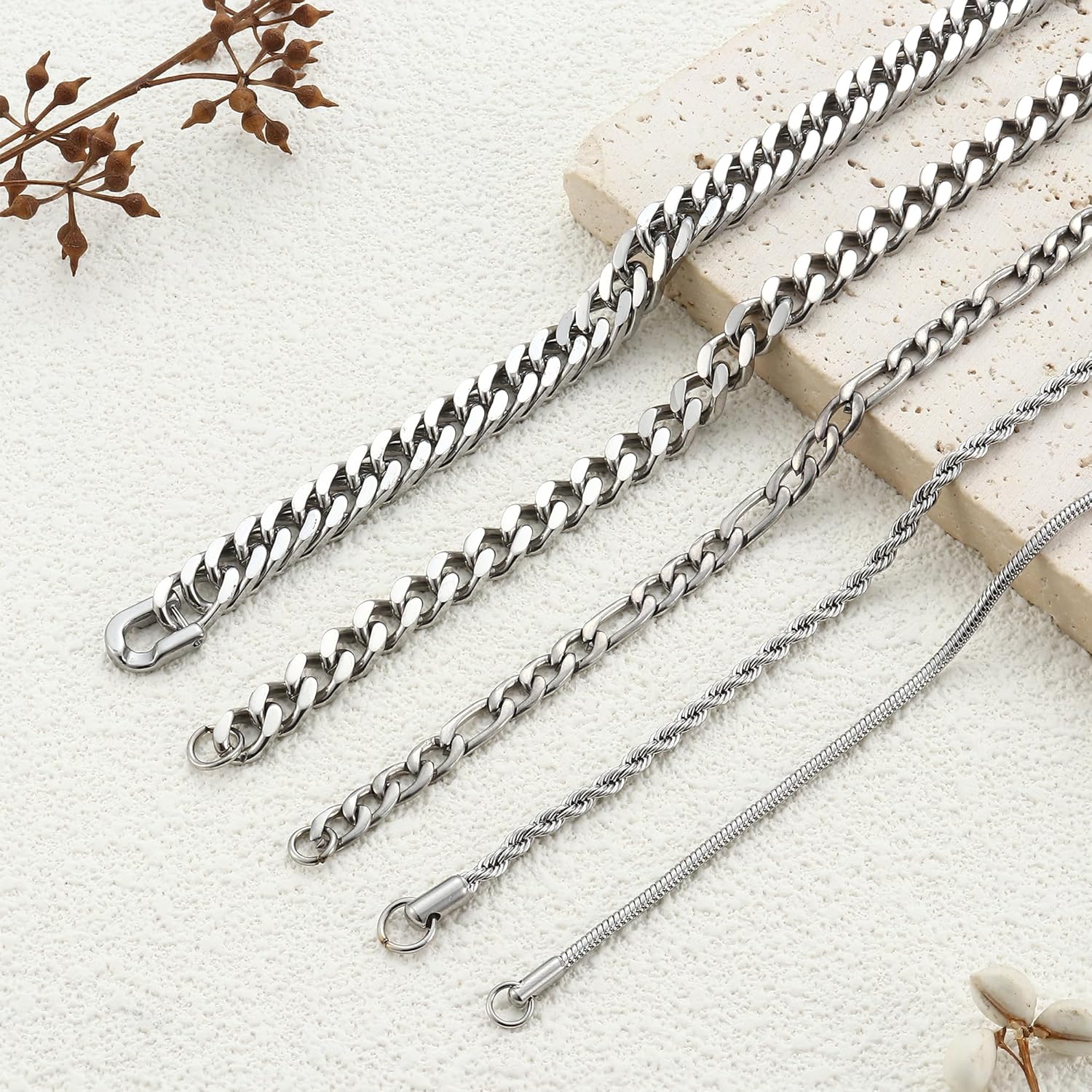 FINREZIO 5Pcs Stainless Steel Bracelets for Men Women Gold Silver Cuban Link Rope Figaro Cuban Chain Bracelet Set for Men 7.48/8.07/8.26 inches - Image 6