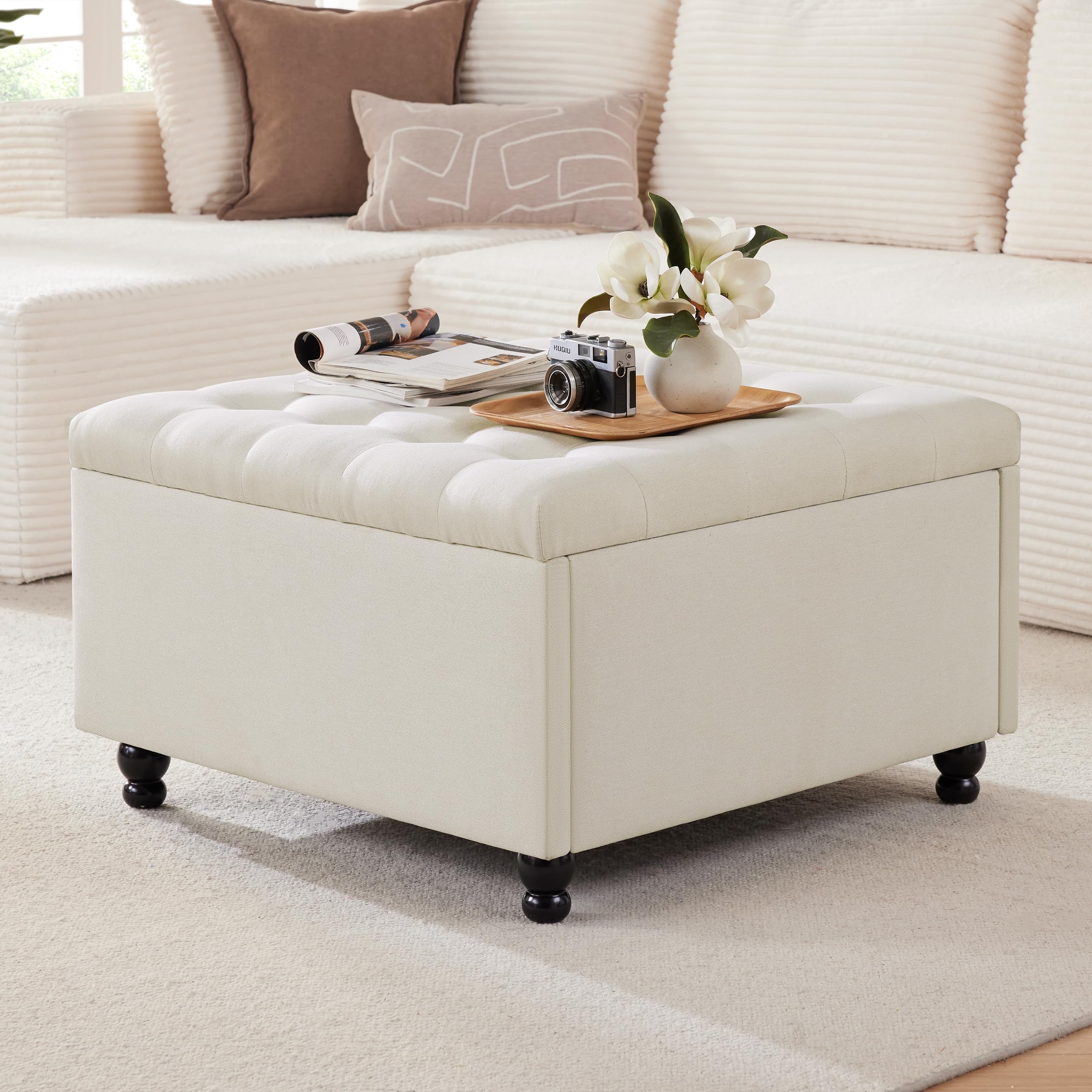 30 Inch Large Square Storage Ottoman Coffee Table Oversized Square Ottoman with Storage Tufted Upholstered Coffee Tables for