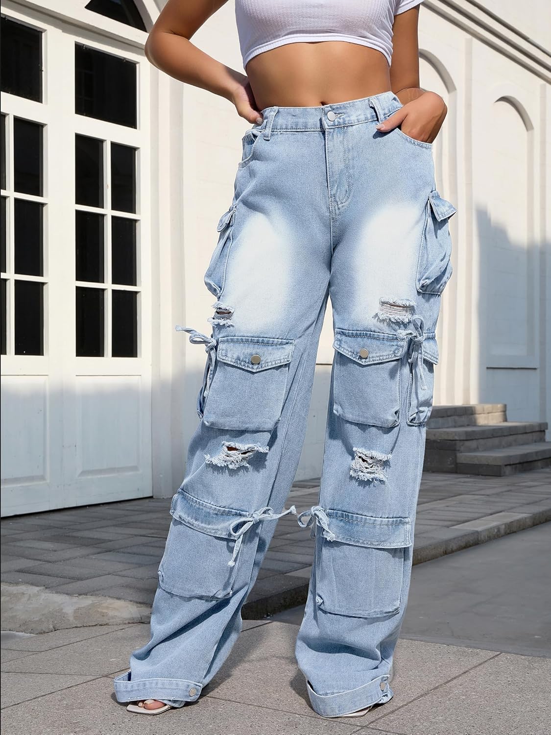 Women's Baggy Cargo Jean High Waisted Y2K Distressed Wide Leg Denim Pants with Multi Pockets Streetwear - Image 3