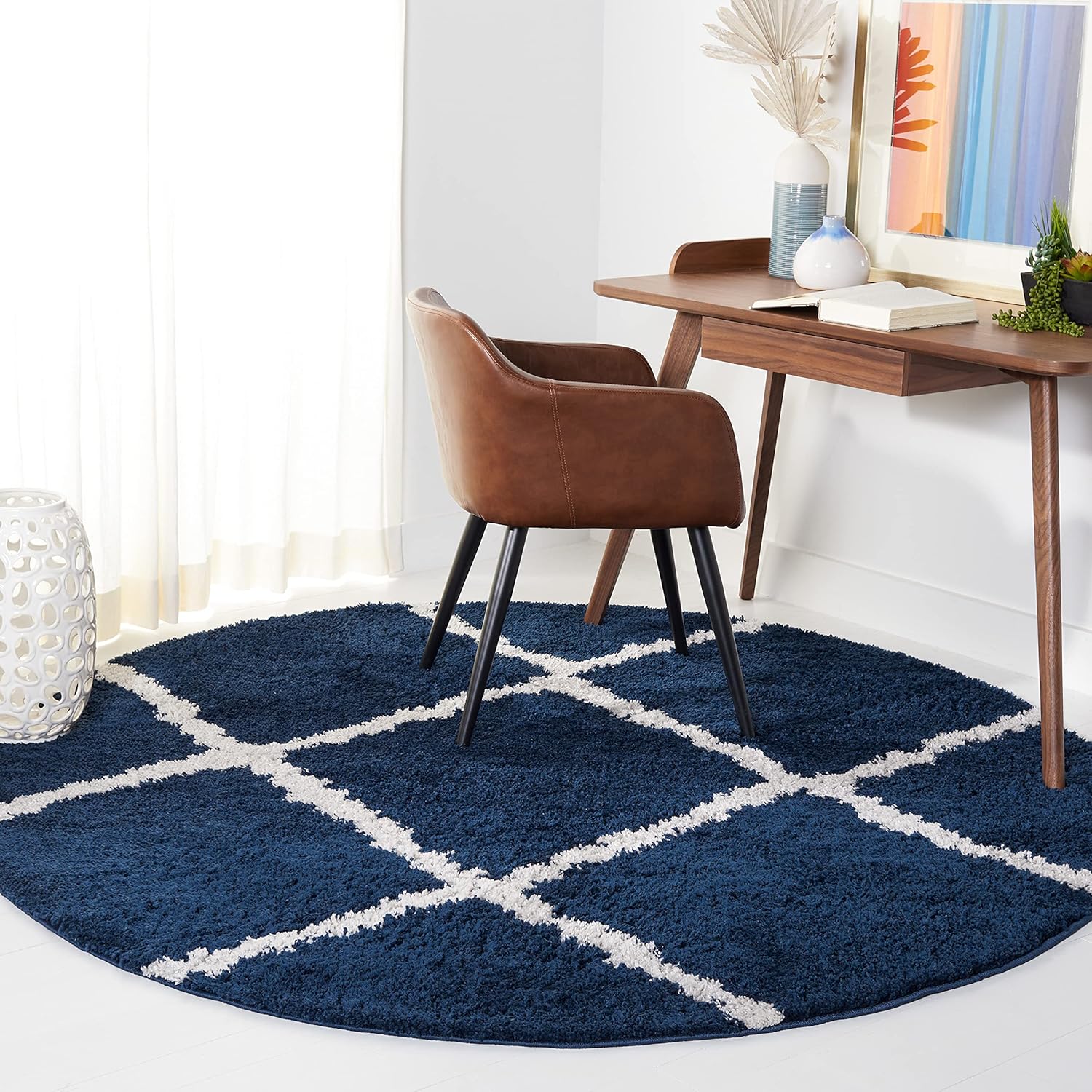 SAFAVIEH August Shag Collection Runner Rug - 2'2" x 9', Navy & Ivory, Trellis Design, Non-Shedding & Easy Care, 1.25-inch Thick Ideal for High Traffic Areas in Living Room, Bedroom (AUG501B)
