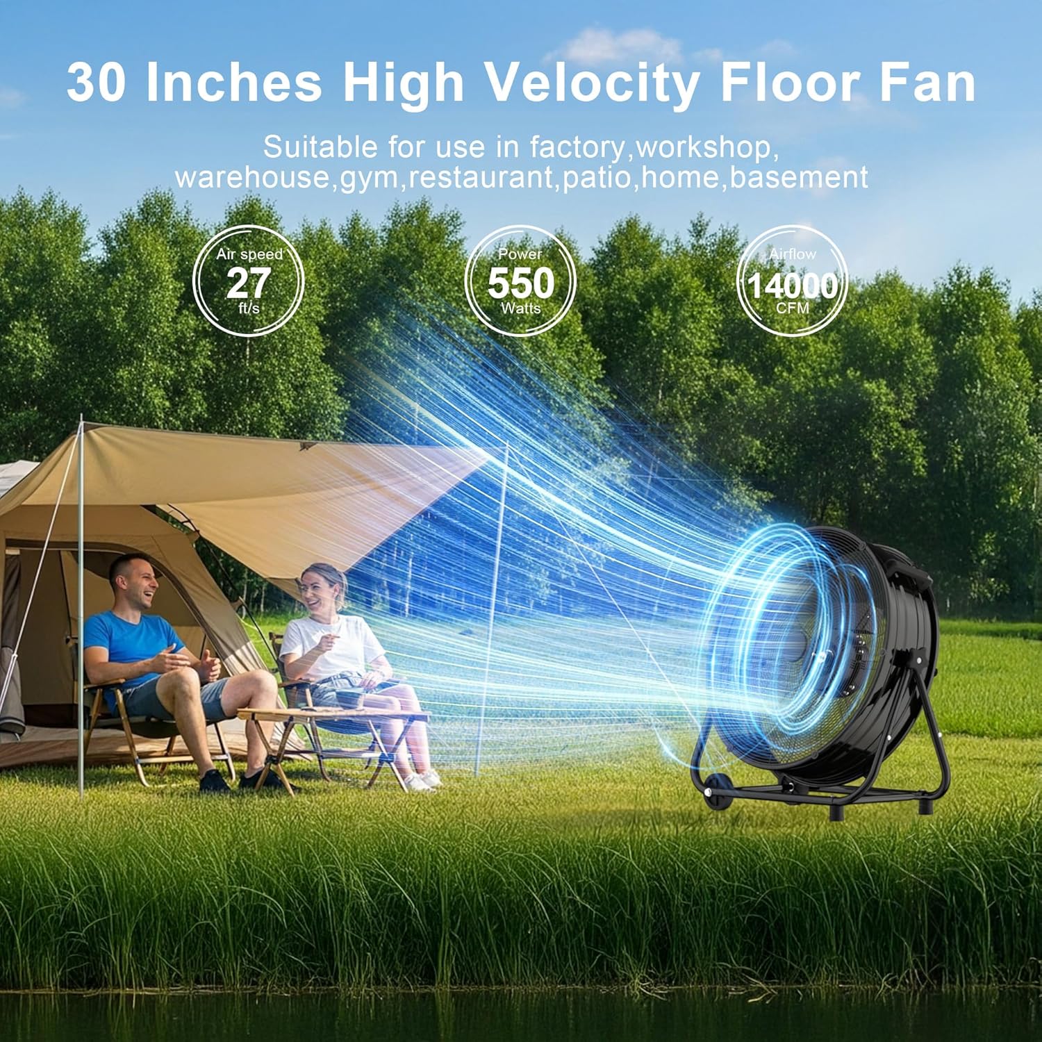 YEW 30 Inch High Velocity Heavy Duty Metal Drum Fan,14000 CFM Industrial Floor Fan With 360°Adjustable Tilt,Outdoor Standing Fan with 3 Speed,Electric Fan For Commercial,Factory,Basement(Black)