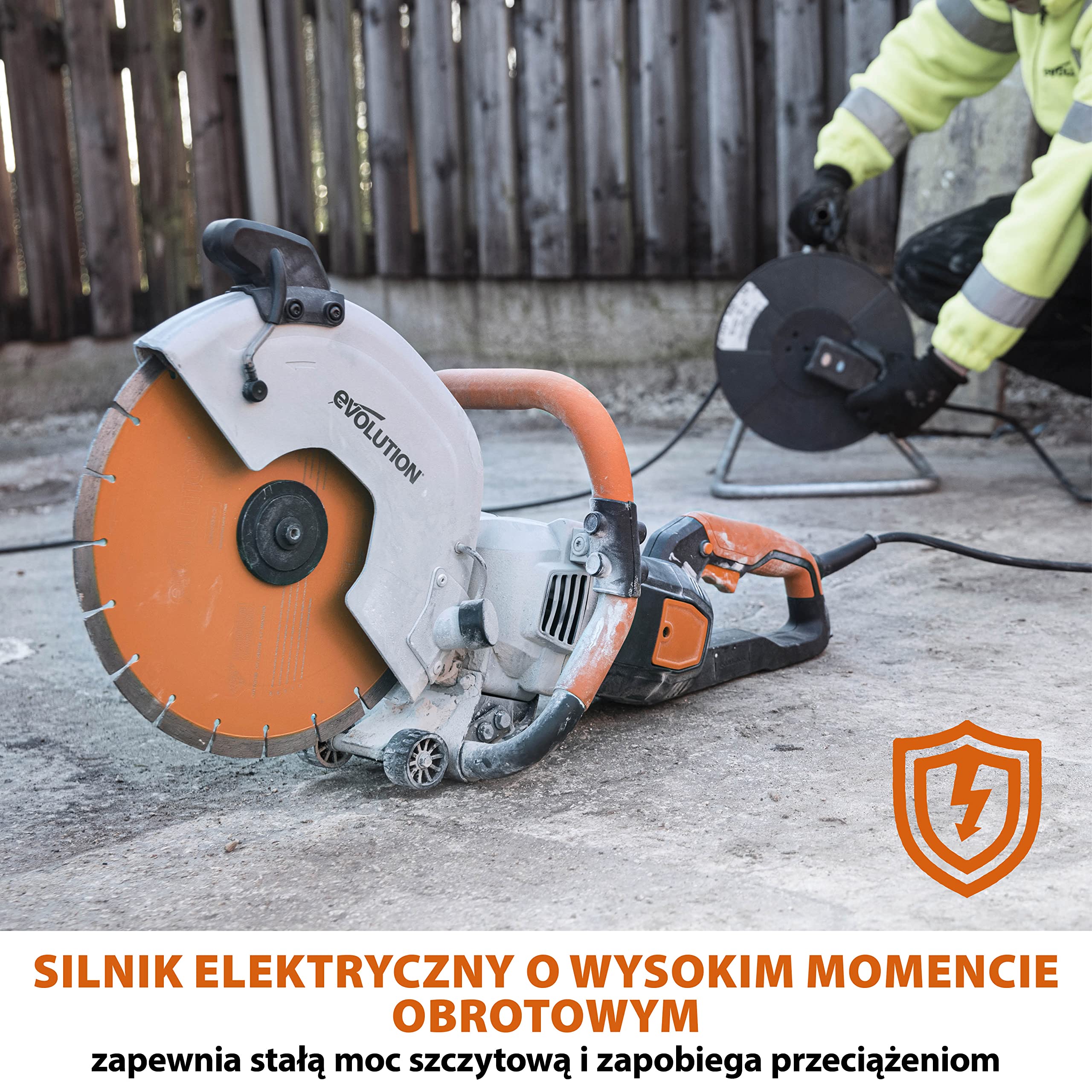 Evolution Power Tools Elektryczna przecinarka tarczowa i pilarka do betonu R300DCT+ z funkcją tłumienia pyłu z użyciem wody i tarczą diamentową Premium 300 mm