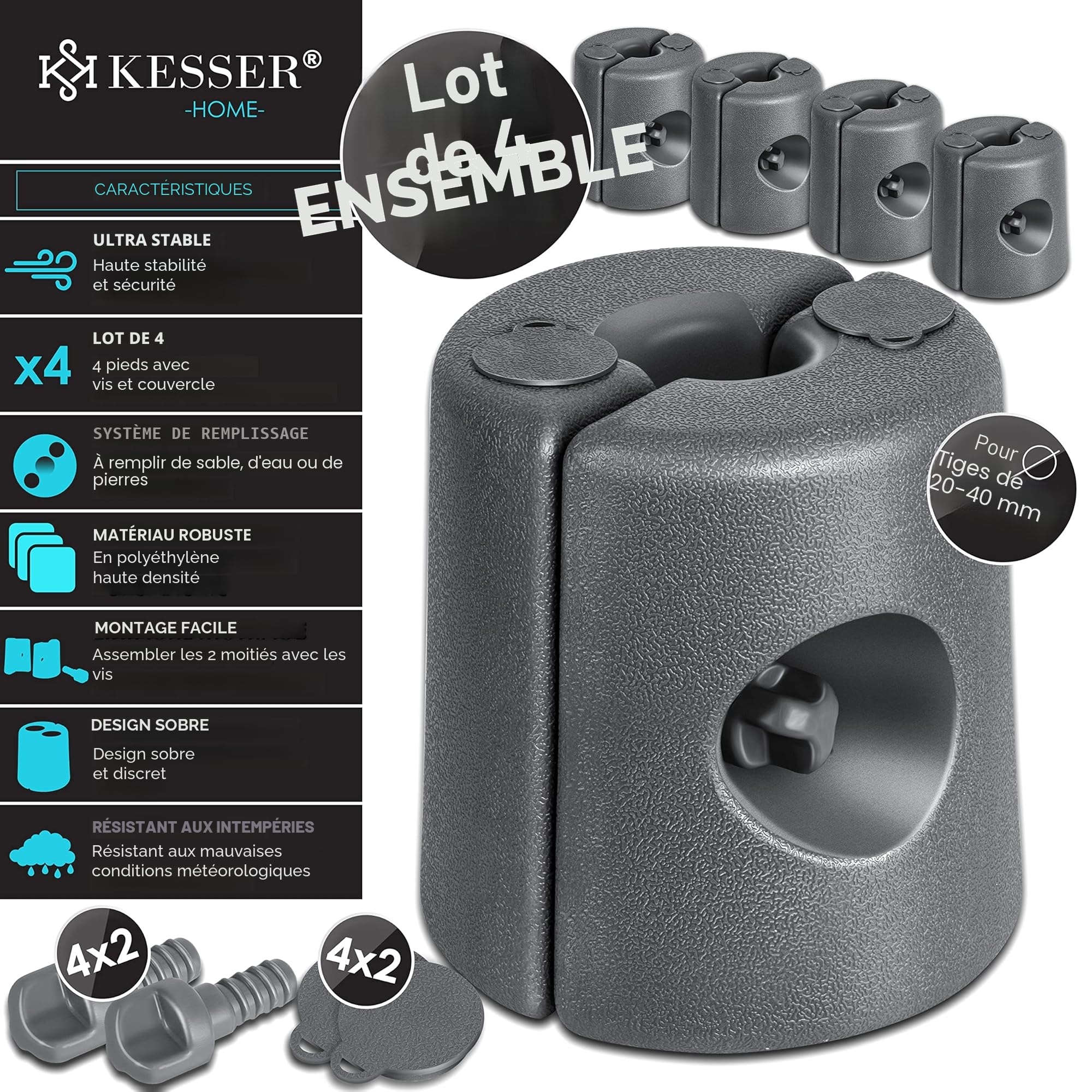 KESSER® Pieds de Sol pour pavillon | Set de 4 Pieds de pavillon remplissables d'eau ou de Sable, en PEHD | Poids de stabilisation pour Pavillons, tentes de Jardin, tentes de réception, Anthracite