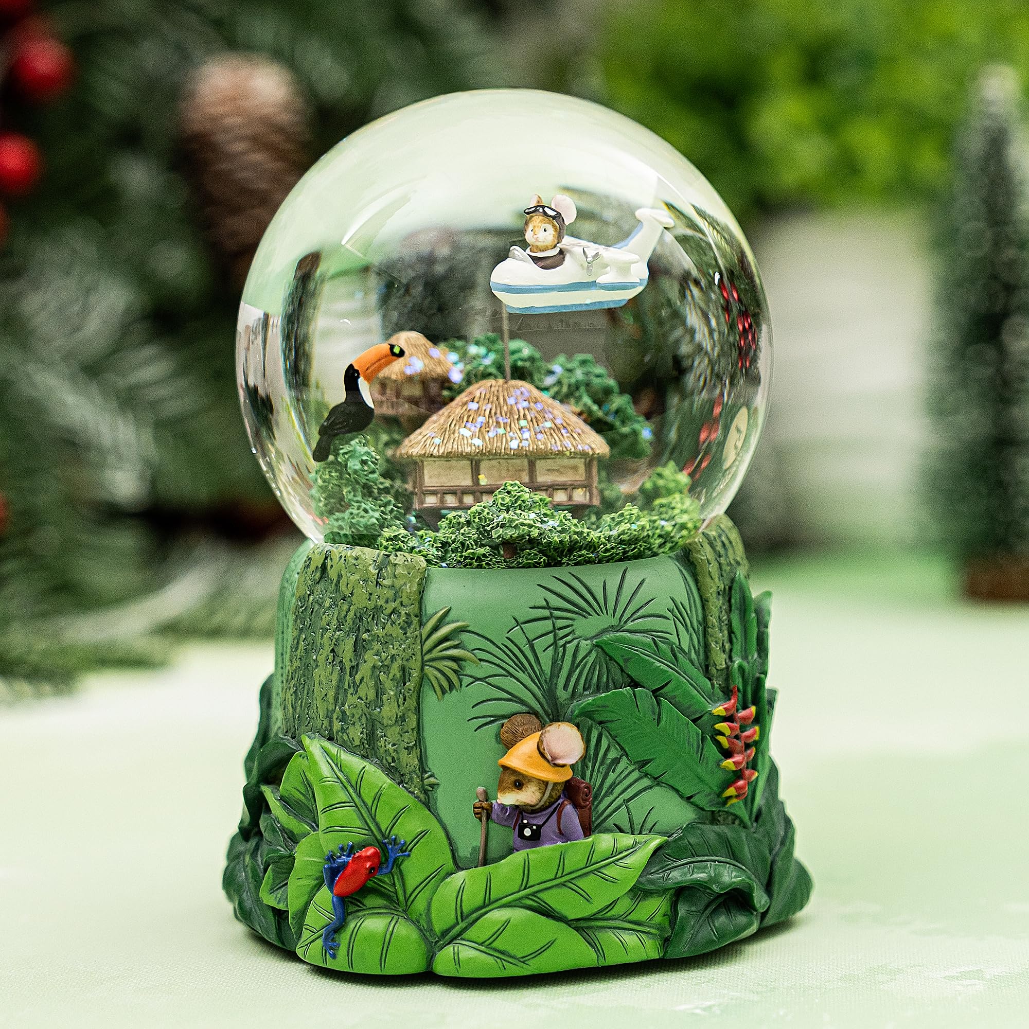 Maus-Abenteuer-Schneekugel mit beweglichem Flugzeug, musikalisch, rotierendes Flugzeug, buntes Glitzer, Dschungelforscher-Thema, Heimdekoration, einzigartige Geschenke für Geburtstag, Weihnachten,