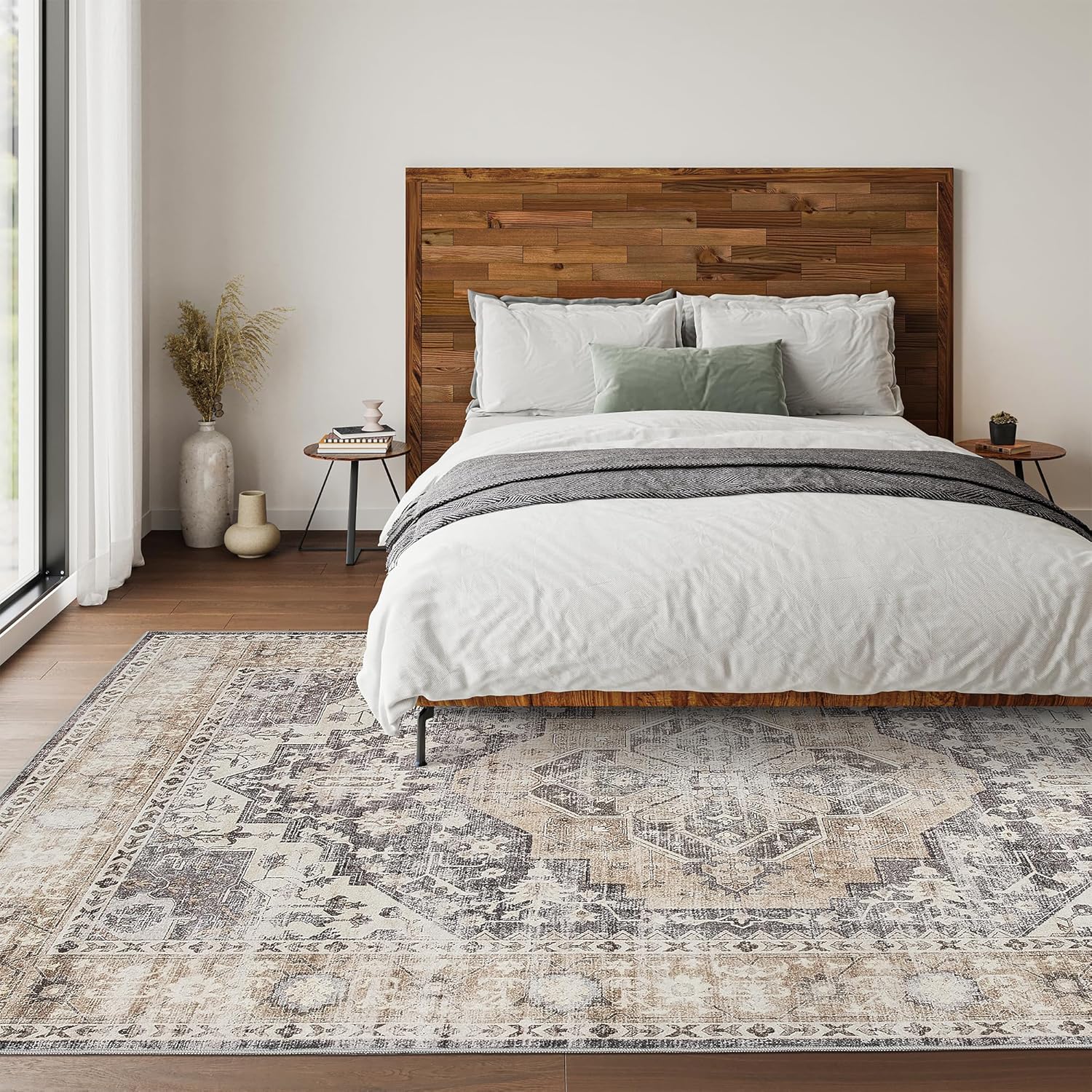 Art&Tuft Washable Rug 9x12, Area Rugs for Living Room - Anti Slip Low Pile Beige Rug, Vintage Stain Resistant 9x12 Rugs for Bedroom, Dining Room, Kitchen, Beige