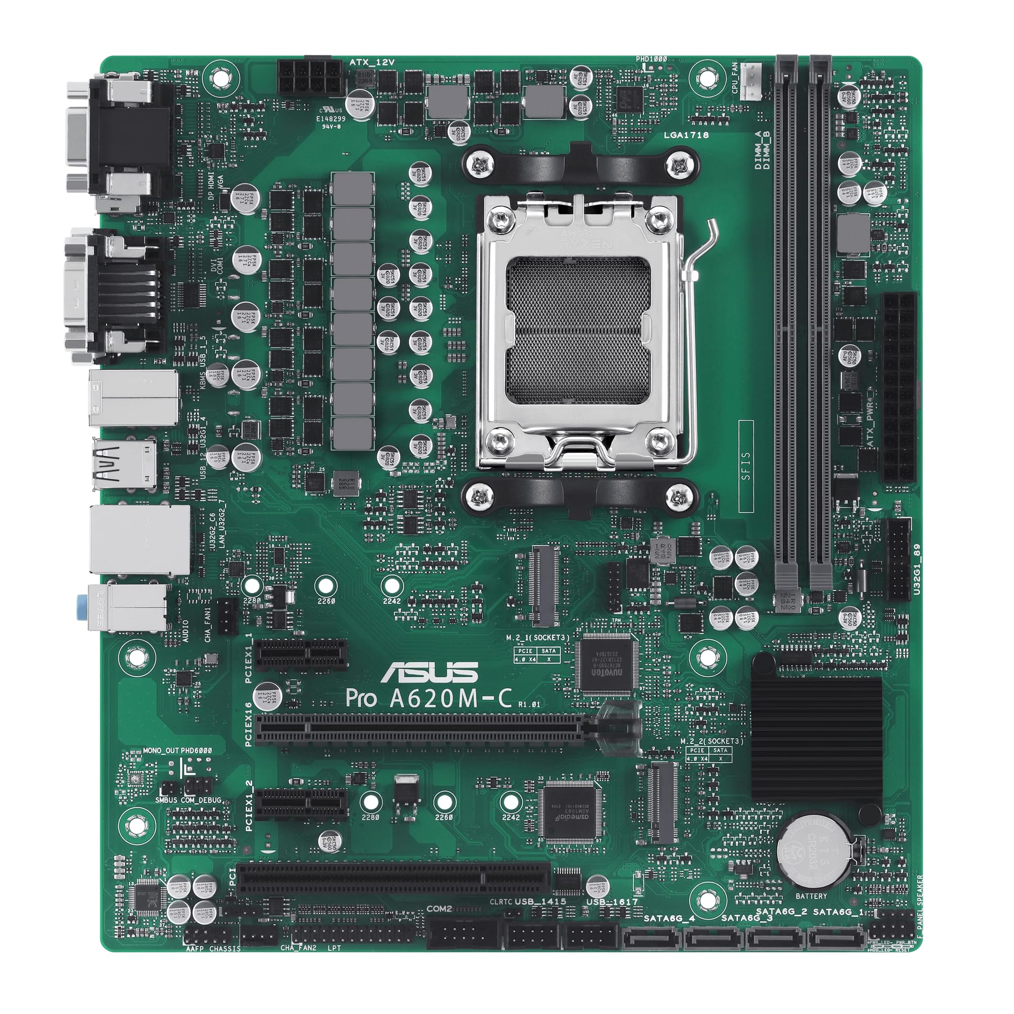 ASUS PRO A620M-C-CSM Gniazdo płyty głównej AMD AM5 (Ryzen AM5, mATX, DDR5, M.2 PCIe 4.0, 1 Gb Ethernet, USB 3.2 Gen 2 Type-C, przedni port USB 3.2 Gen 1 Head)