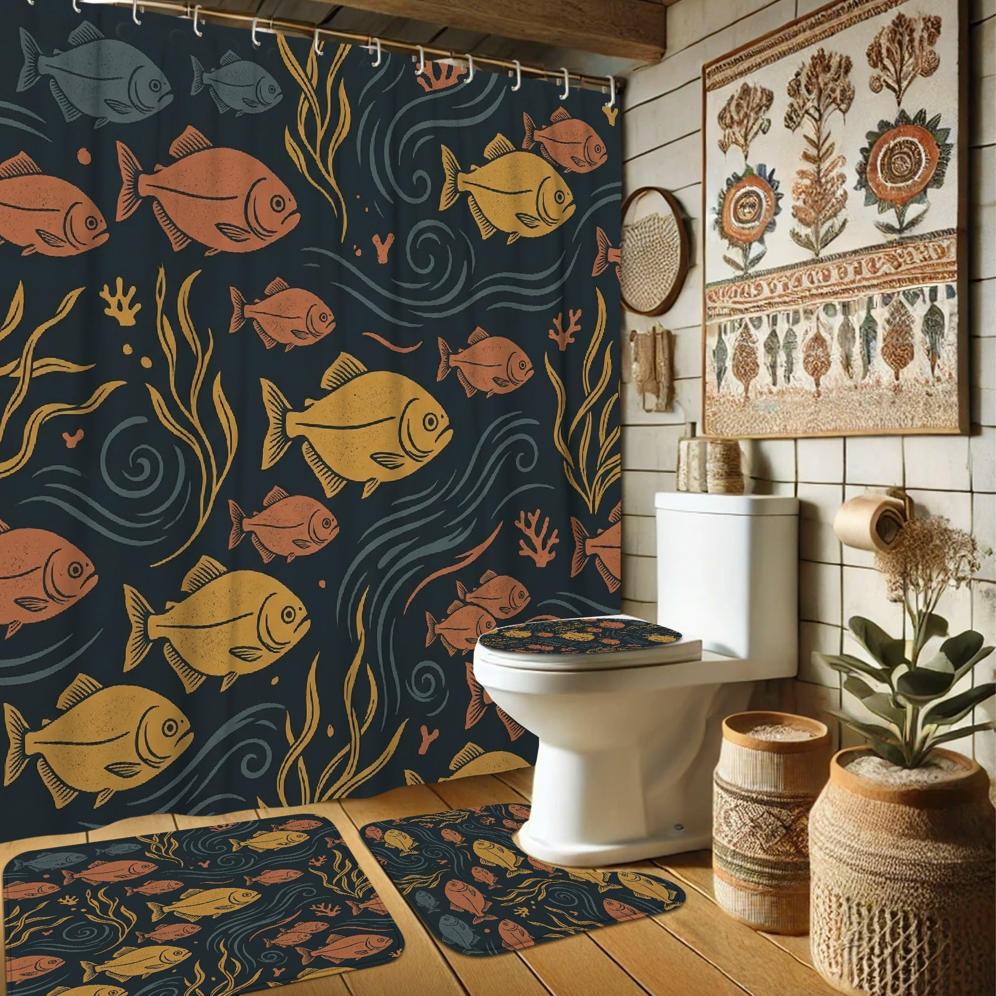 Rideau de douche poisson bleu marine en toile lavable pour salle de bain bord de mer 183x183