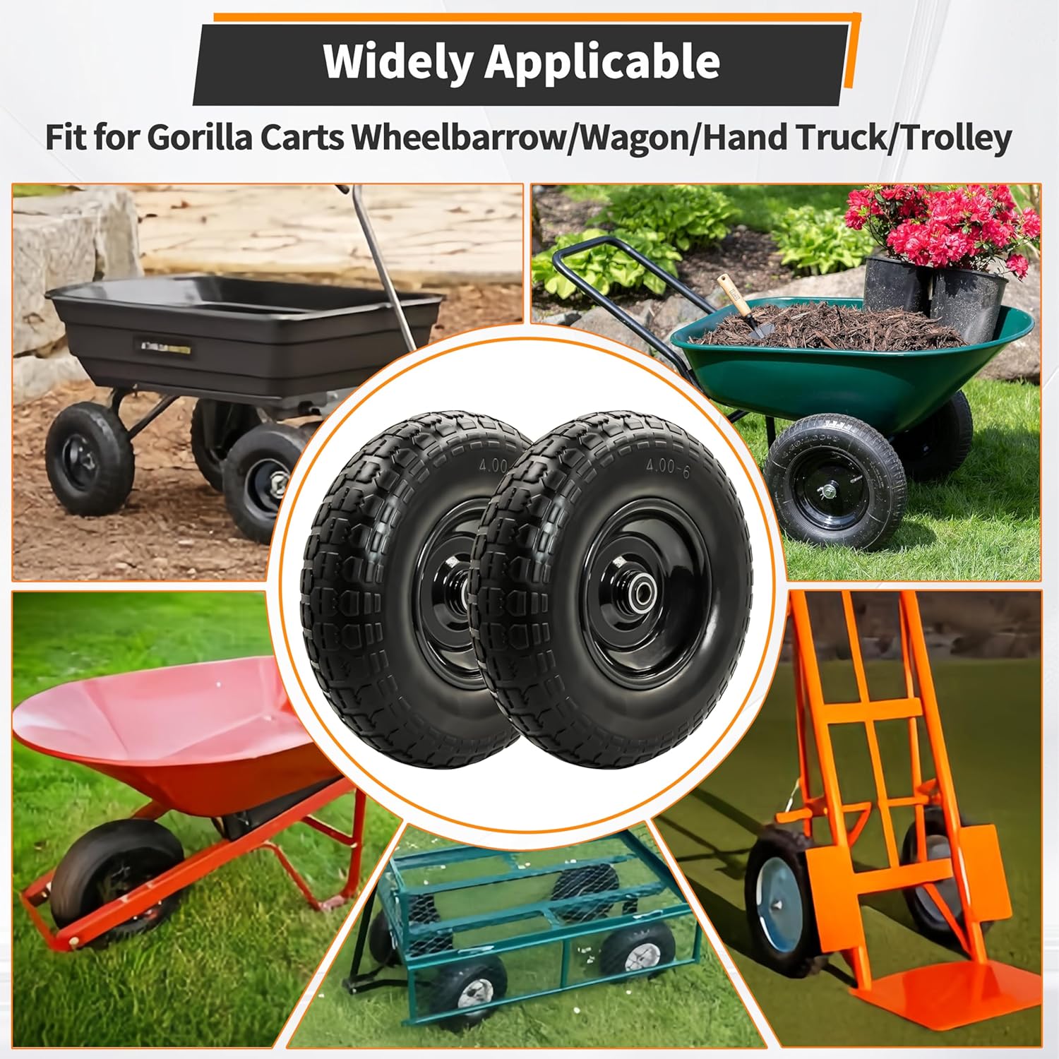 2PC 4.00-6 Flat-Free Tires and Wheels, 13" Thickened Solid Tire, with 5/8" & 3/4" Bearing, 1.8"-5.8" Centered Hub Length, 4.00-6 tire and wheel Fit for Gorilla Cart, Garden Cart/Hand Truck/Wheelbarrow