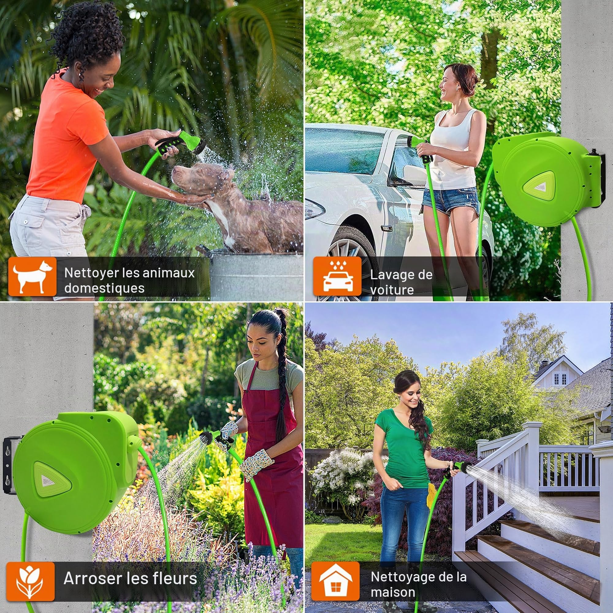 Aufun Enrouleur Tuyau Arrosage 20m + 2m automatique avec douchette, raccord 3/4" orientable à 180, Verrouillage à n'importe Quel Point, pour jardin, arrosage, lavage de voiture (Vert, 20m)