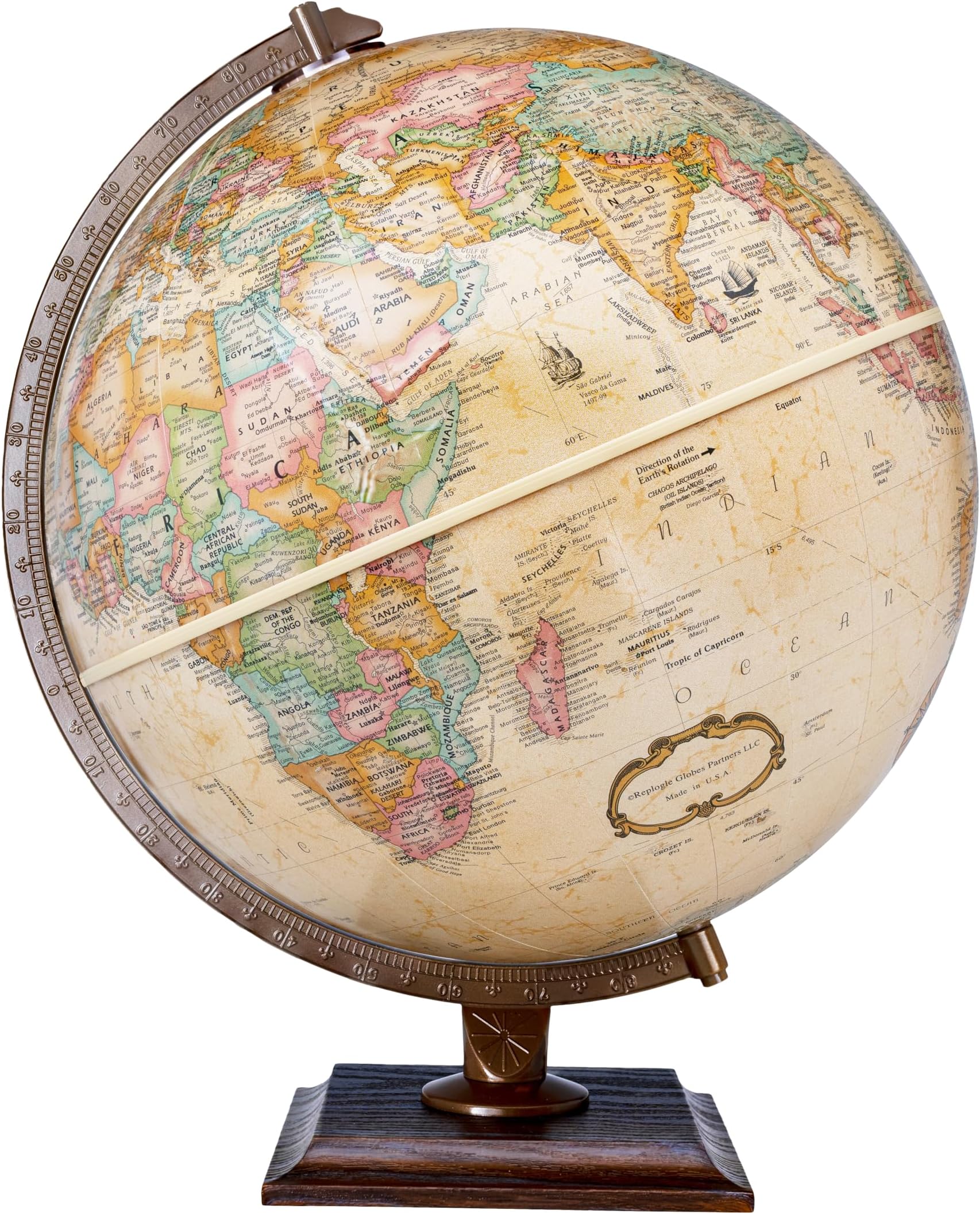 Easy to Assemble Replogle World Classic Globe, 12" Desktop World Globe For Home or Office Desk Decor, Raised Relief, Up-to-date Cartography, Made in the USA, Antique