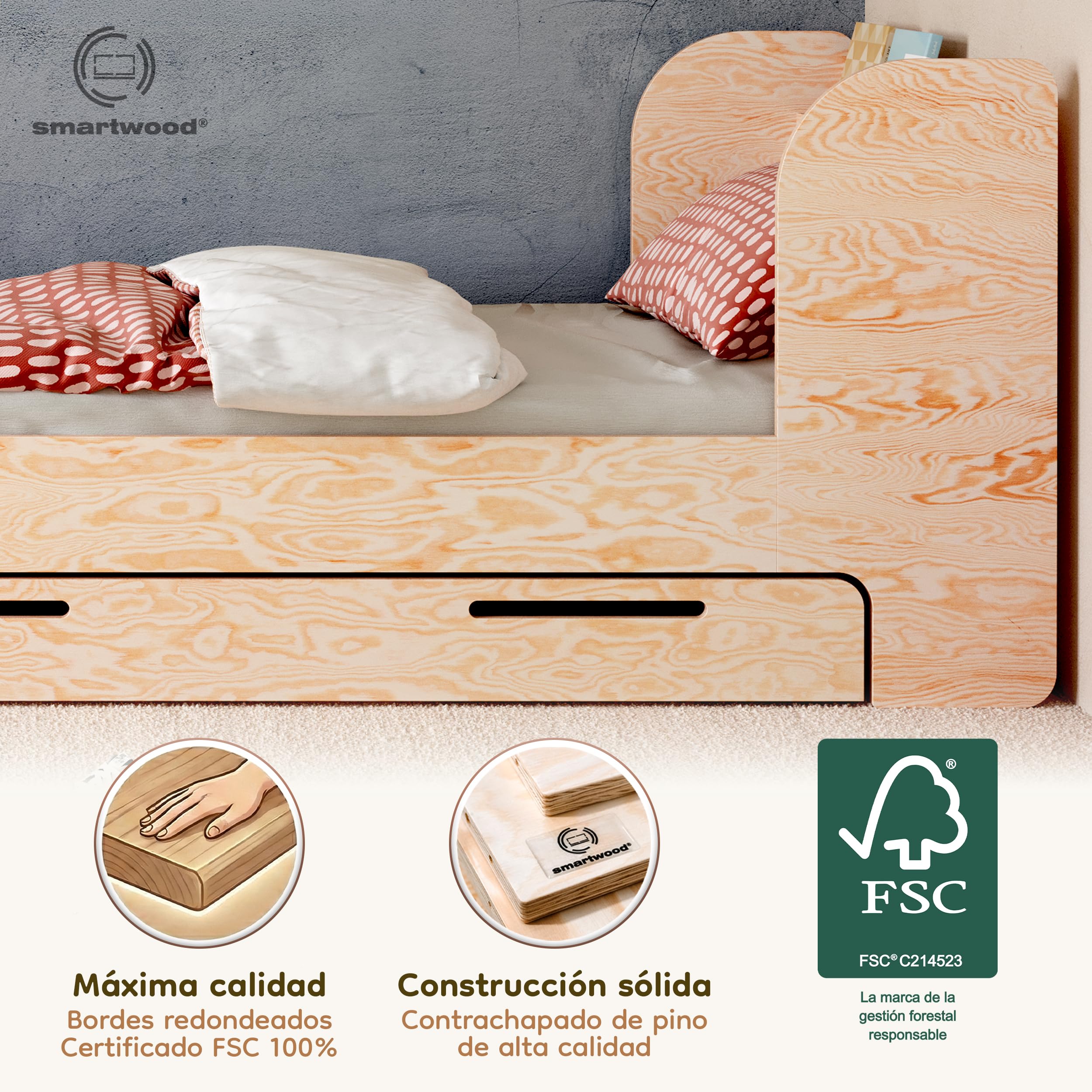 smartwood Cama Infantil 90x190 cm con Cajón, en Madera de Pino, Flou D | incl. Cajón, Cabecero con Estante, Somier hasta 230 kg, en Madera de Pino FSC, Cama Juvenil para Niñas & Niños desde 3 años