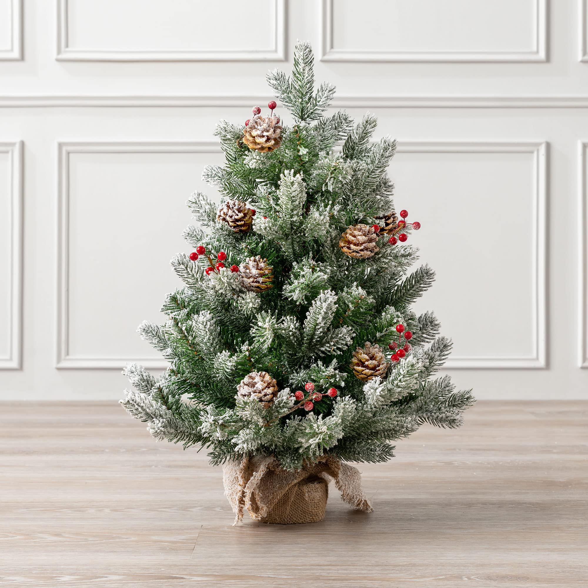Christow Snowy Cone & Berry Artificial Mini Christmas Tree With Snow Pine Cones & Berries, 2Ft / 60Cm Flocked Miniature Tabletop Spruce, Small Indoor Decoration, Natural Looking Pvc & Pe Needles, Hessian Wrapped Base