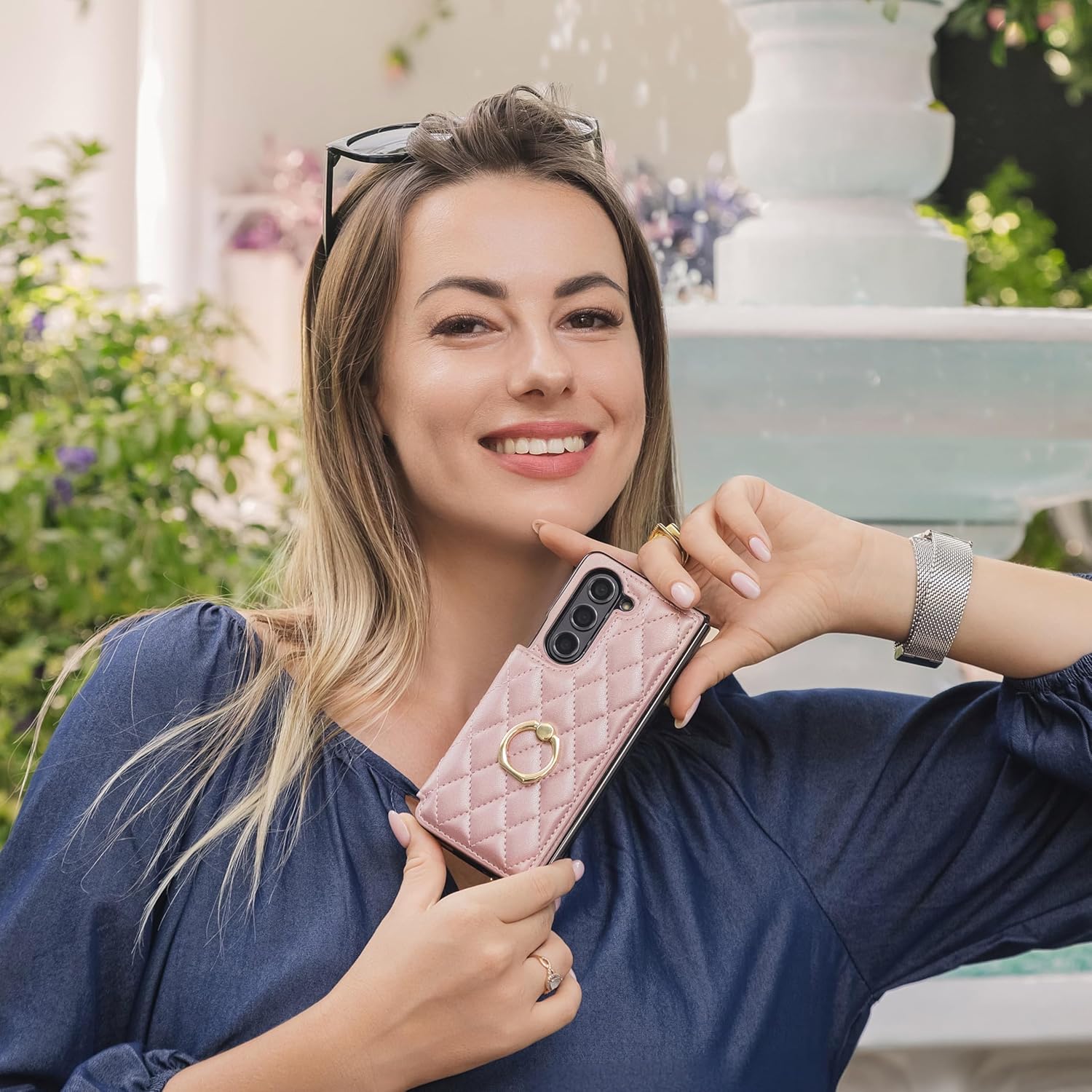 for Samsung Galaxy Z Fold 5 Wallet Case with Ring, 4 Card Slots & Cash Clip - Magnetic Clasp Closure, Front Tempered Glass Screen Protector & Reinforced Frame Protective Cover.(Purple)