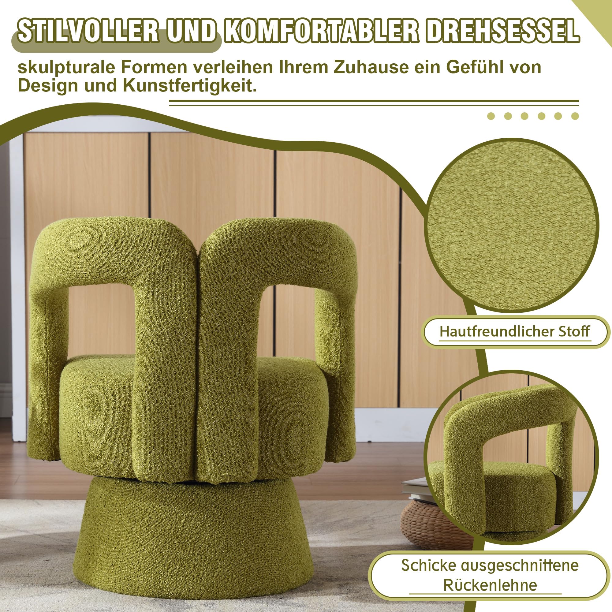 (Old SKU:W1880P163401) 360 Grad drehbare Kuschelfass-Akzentstühle, runde Sessel mit breiter Polsterung, Flauschiger Stoffsessel für Wohnzimmer, Schlafzimmer, Büro, Warteräume, Oliv