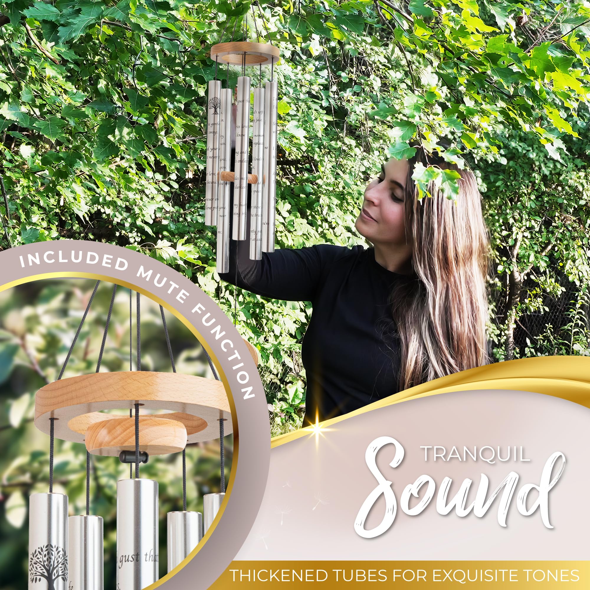 Tree of Life Memorial Wind Chimes for Loss of Loved One - Beautifully Packaged Memory Tree Windchimes in Memory of a Loved One - Sympathy Wind Chimes with Sympathy Card & Floral Keepsake (32" Size) 6