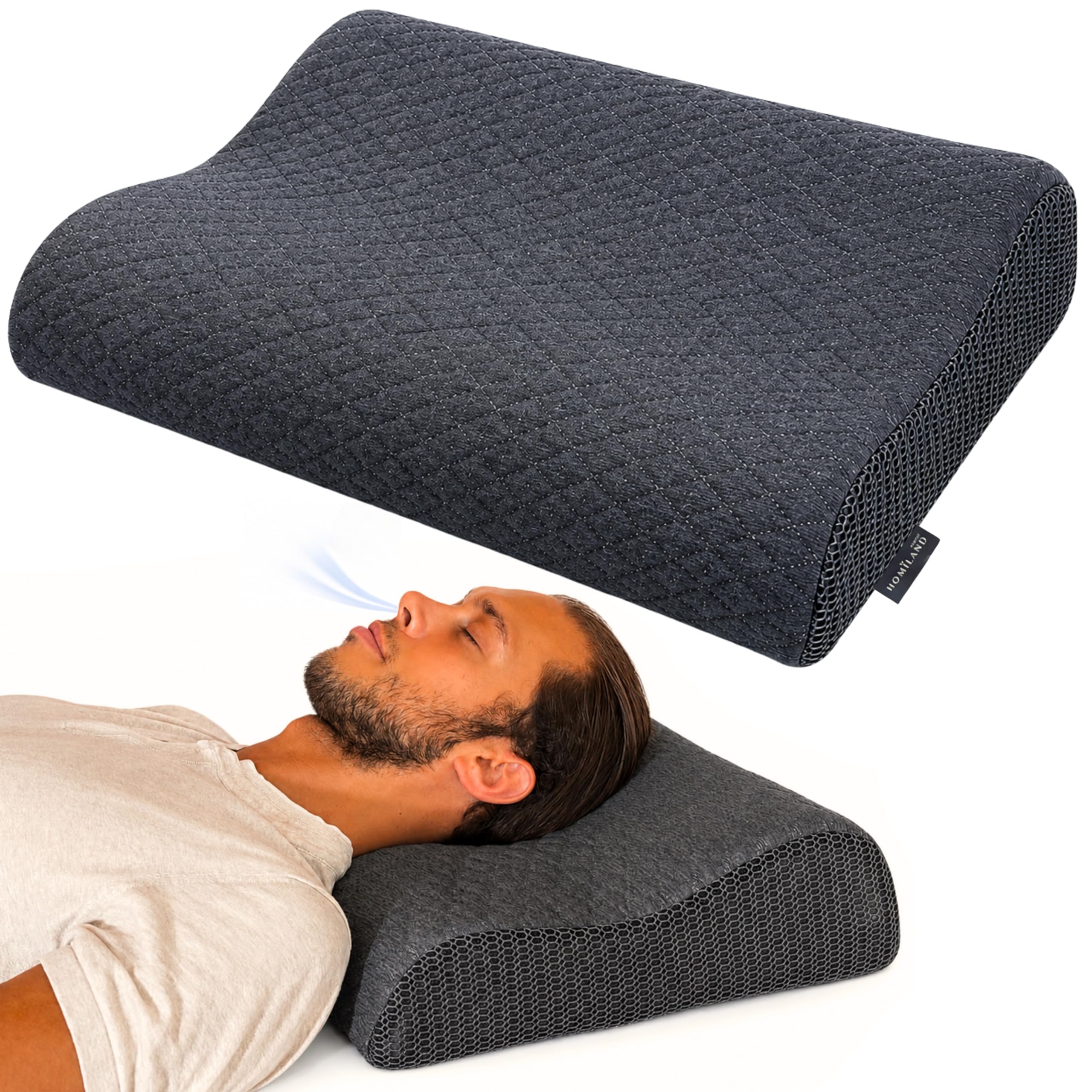 Almohada cervicales y Cuello, viscoelastica, antironquidos para Hombre, Doble Altura con Carbono Activo y ventilación 3D para un Descanso más Profundo y reparador