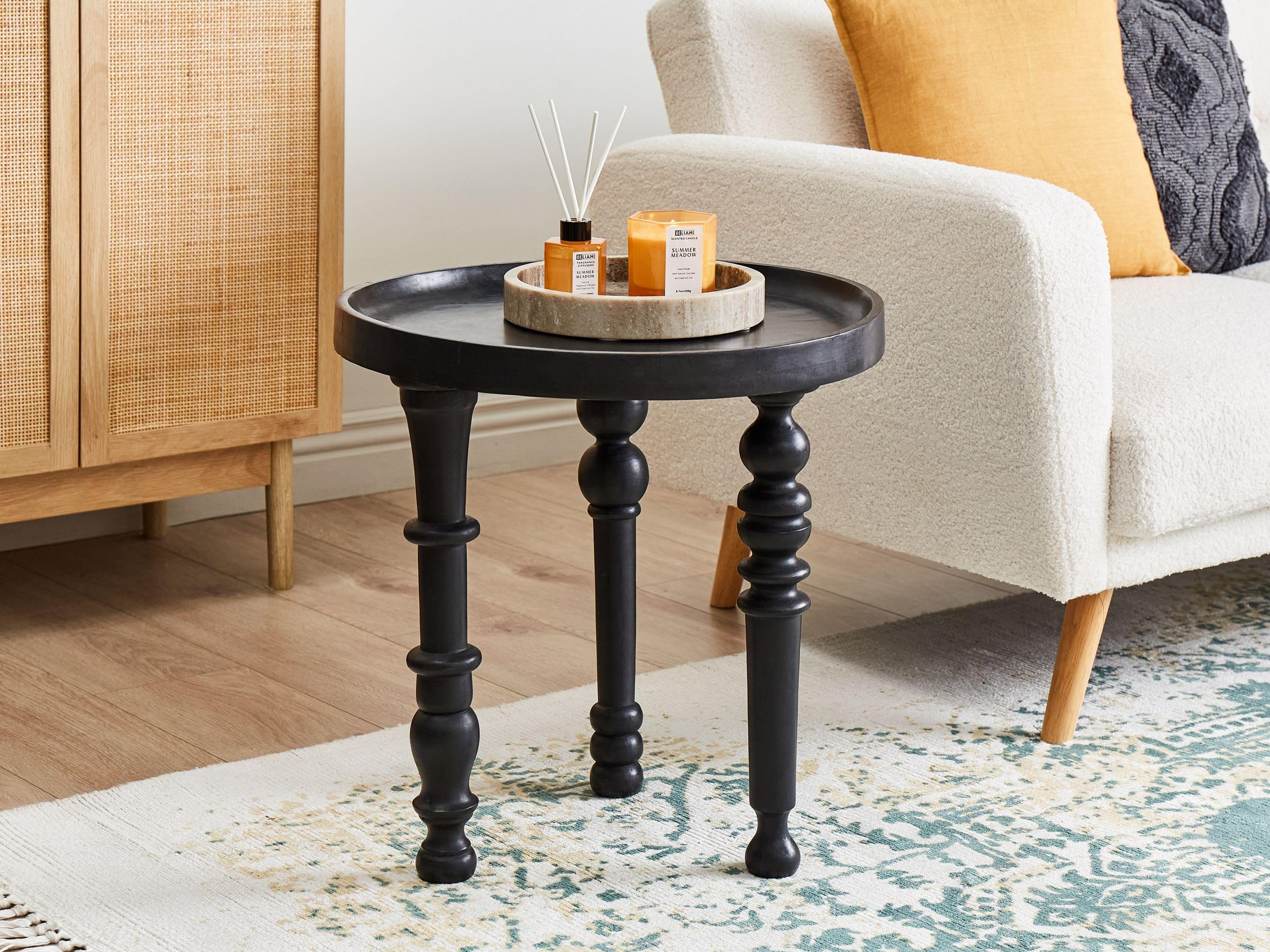 Beliani Table d'Appoint Traditionnelle Bois de Manguier Ronde 52 x 52 cm Meubles de Salon Noir Leeton