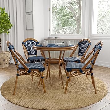 Merrick Lane Sacha Bistro Style Set - Indoor/Outdoor Use - Tempered Glass Tabletop - Navy & White PE Rattan - 2 Stack Chairs - Bamboo Finished Metal Frame
