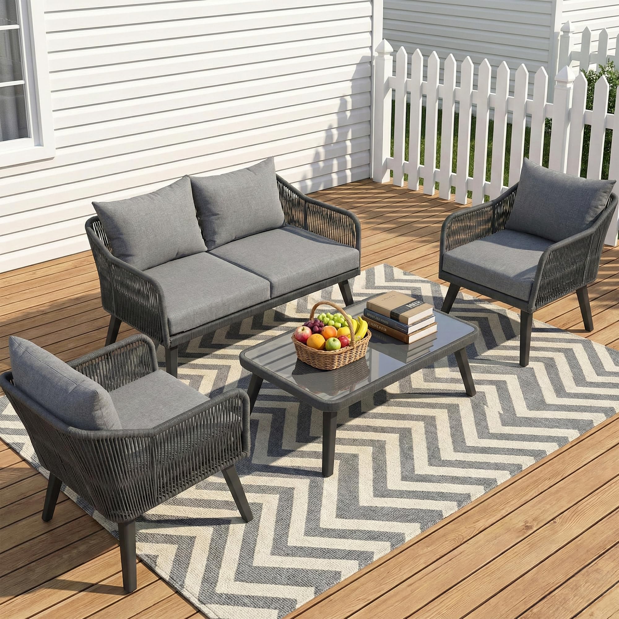 OUTLIVING Outdoor 4 Seater Sofa Set | Balcony Sofa | Patio Furniture Sets | Conversation Sets | Braid & Rope | (Grey)-image-34