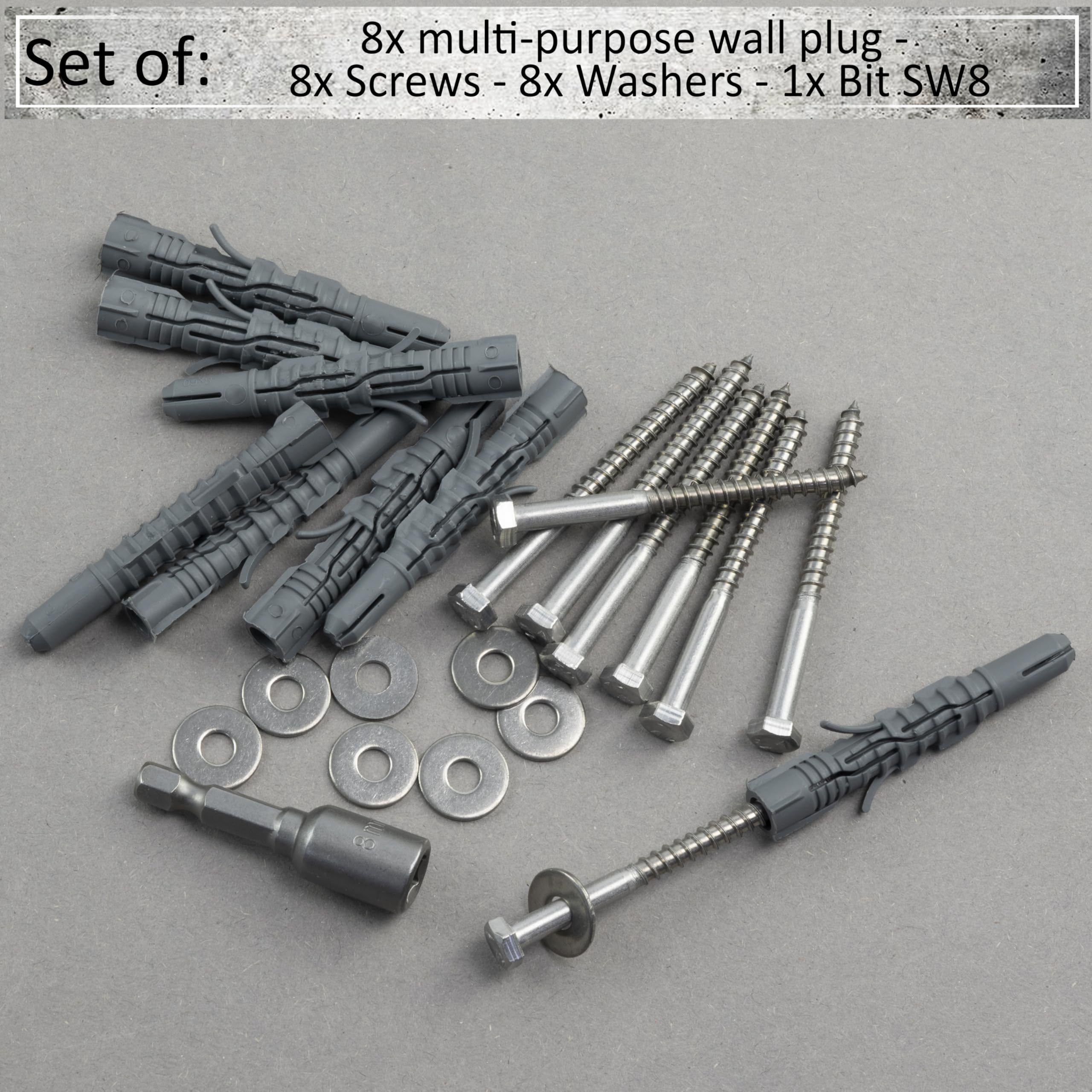AERZETIX - Kit di 8 tasselli in nylon Ø8x60 mm + 8 viti tirafondo Ø5x60 mm inossidabile A2 + 8 rondelle larghe A2 per vite M5 + 1 bussola esagonale interna 1/4" SW8
