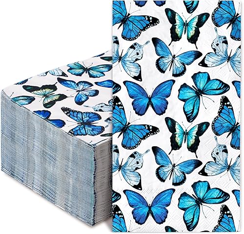 AnyDesign 80 servilletas desechables de mariposa para invitados, servilletas de papel con mariposas azules, servilletas de mano para cena en