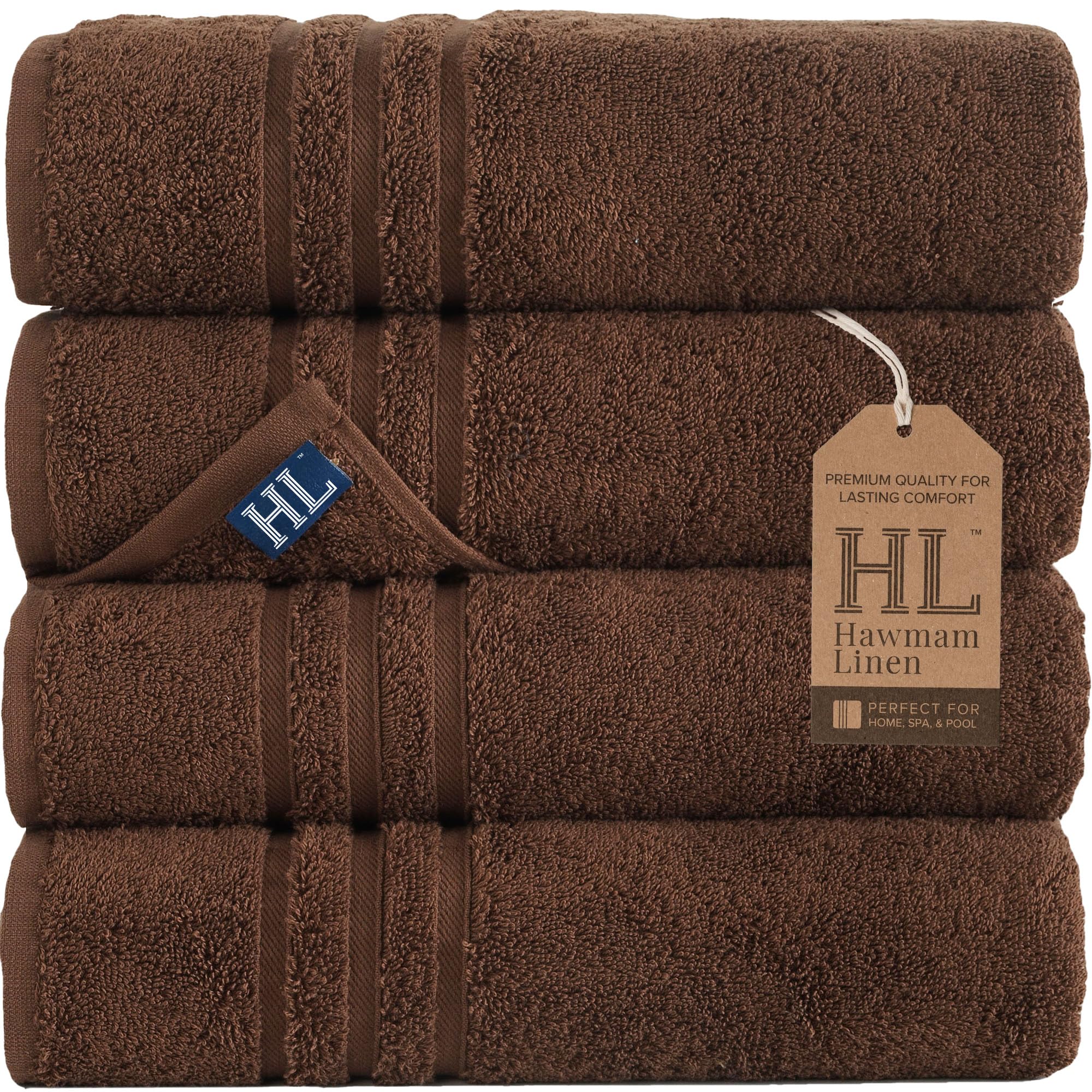 Hawmam Bath Linen Towels Large, Turkish Cotton, 4 Pack, Brown