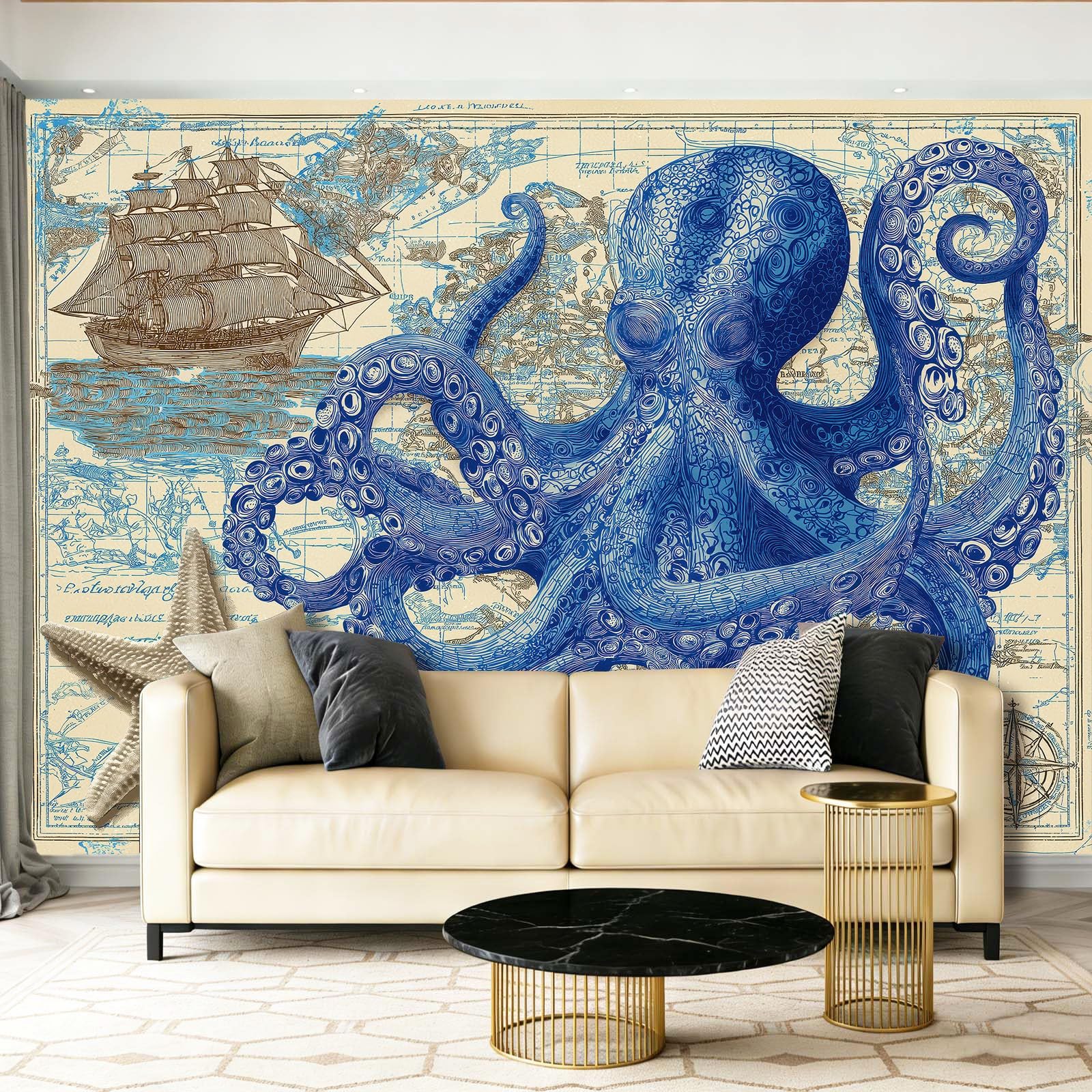 Tapeta ścienna 350 x 256 cm do salonu sypialnia kuchnia - Design z ilustracją morską ośmiornica mapa - łatwa w montażu, drukowana w wysokiej rozdzielczości, wodoodporna i łatwa do czyszczenia