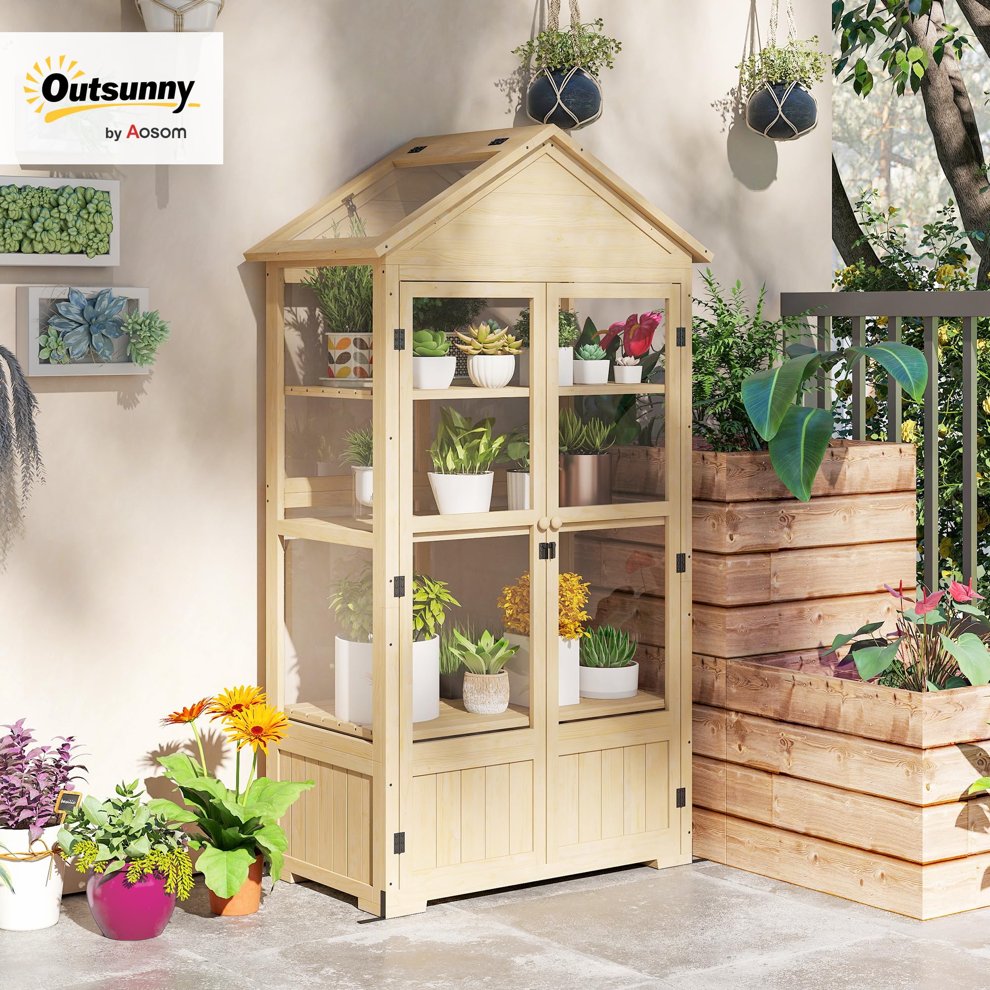 Outsunny Marco frío de Madera Invernadero con Cerradura Invernadero con 4 Niveles, claraboya, Caja de Marco frío con Puerta Doble, para jardín, balcón, Naturaleza, 100 x 56,5 x 178 cm