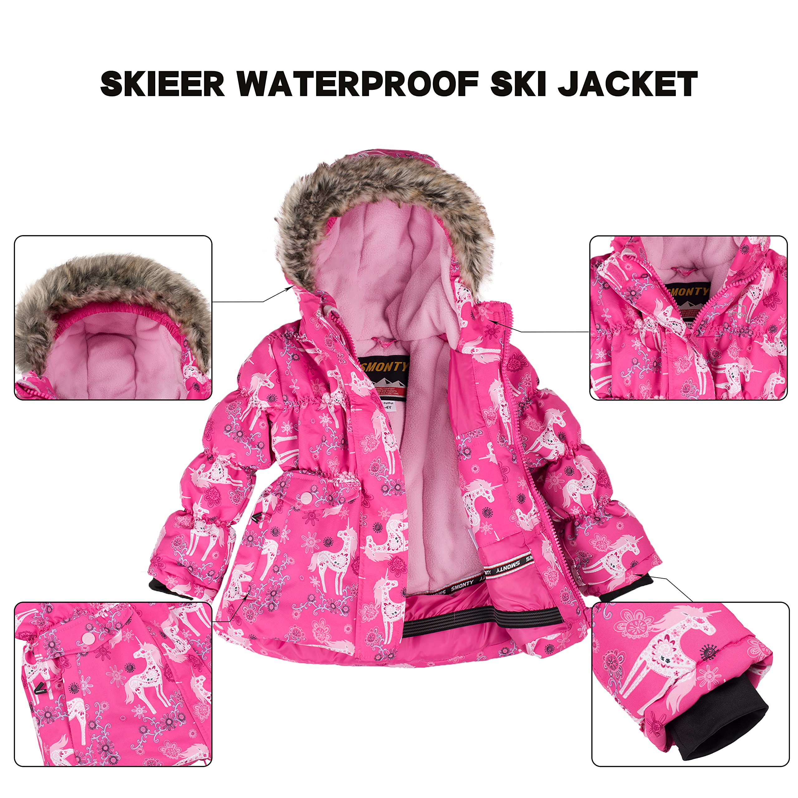 SMONTY Traje de nieve para niños para niñas Conjunto de chaqueta y pantalones de esquí de invierno Conjunto de correas con capucha A prueba de viento Impermeable Cálido (3-4, Rosa)
