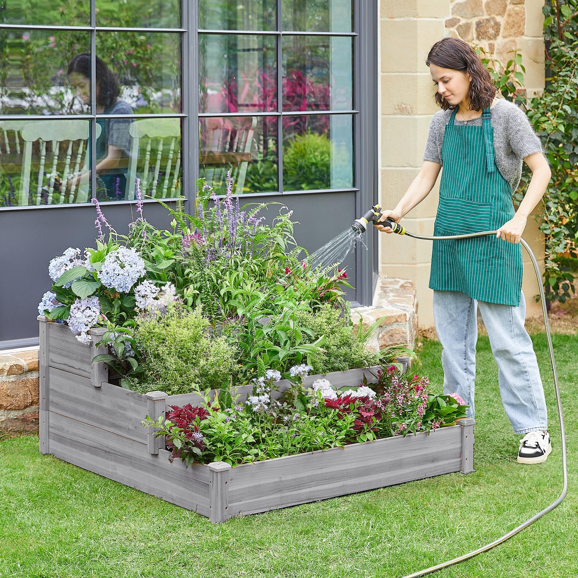 Yaheetech Letto Orto Rialzato da Giardino Etserno Interno Grande a 3 Livelli Aiuola Rialzata Vasca per Piante in Legno 120 x 120 x 56 cm Grigio