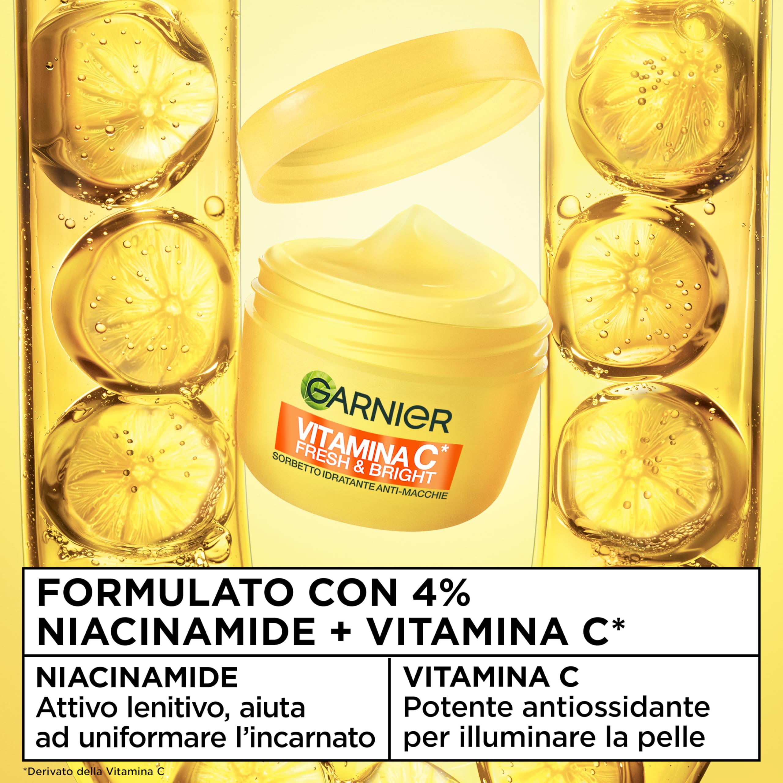 Garnier Vitamina C Fresh and Bright, Crema Sorbetto Idratante Anti-Macchie, Texture Fresca e Ultra Leggera, Con Niacinamide e Vitamina C, Formula Vegana, 85 ml