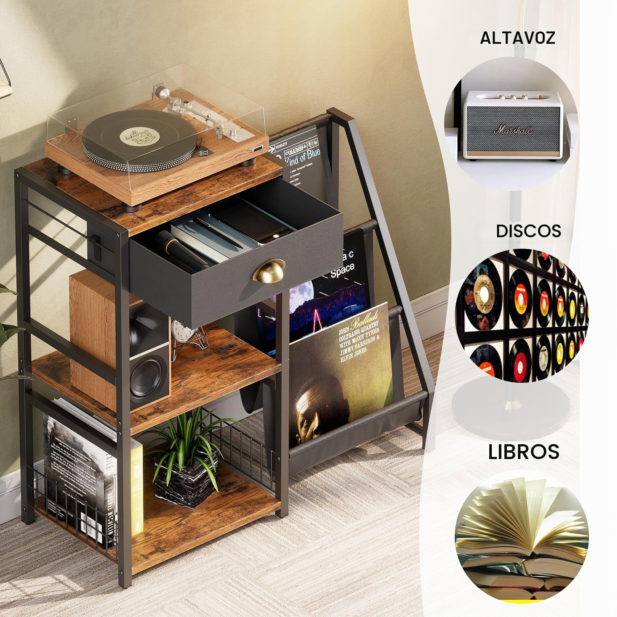 Soporte para tocadiscos de 3 niveles, mesa auxiliar vintage, estante giratorio con cajón, estantería con estante de 3 niveles de madera