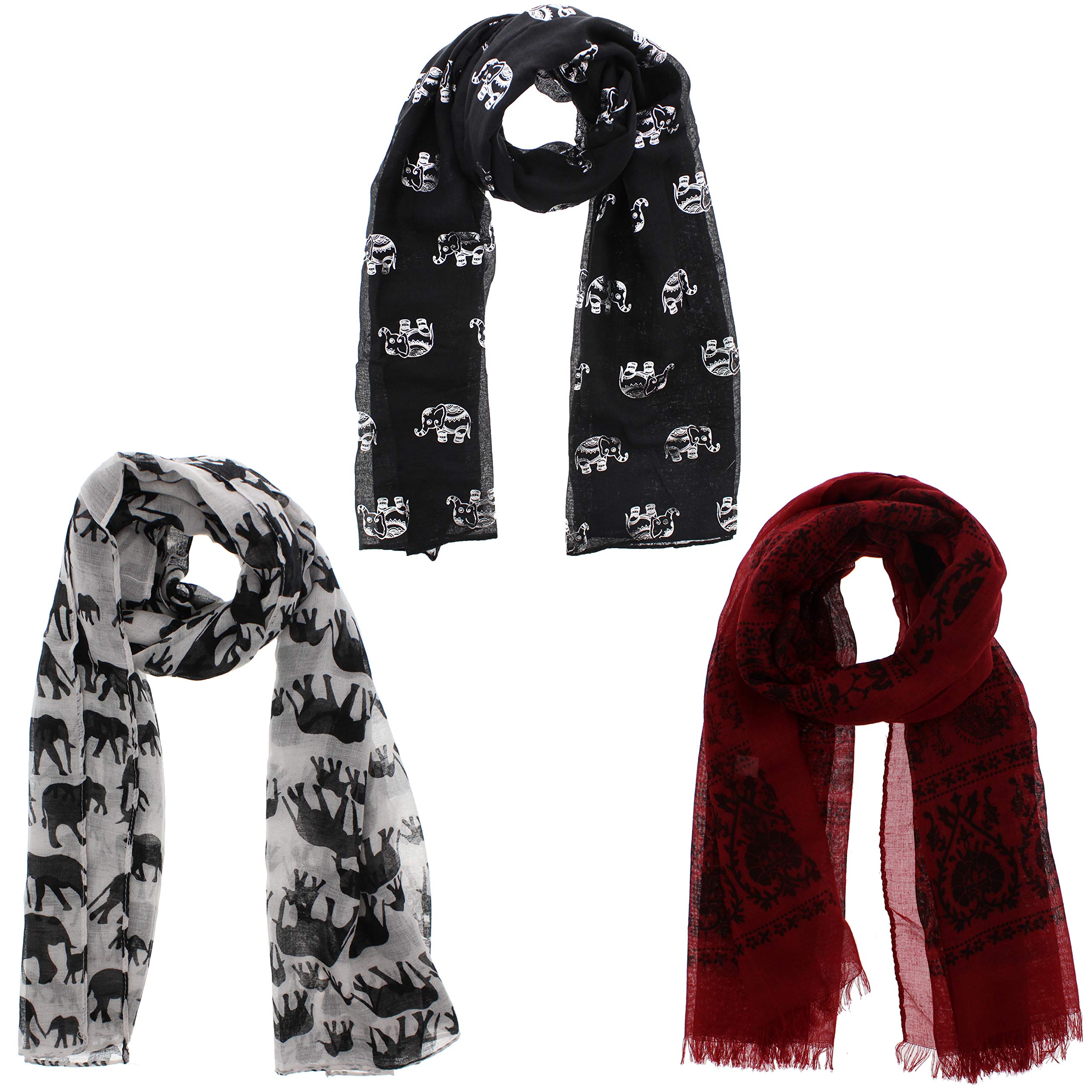 Zac's Alter Ego Women's Multicoloured Set Of 3 Lightweight Assorted Colour & Elephants Print Scarves