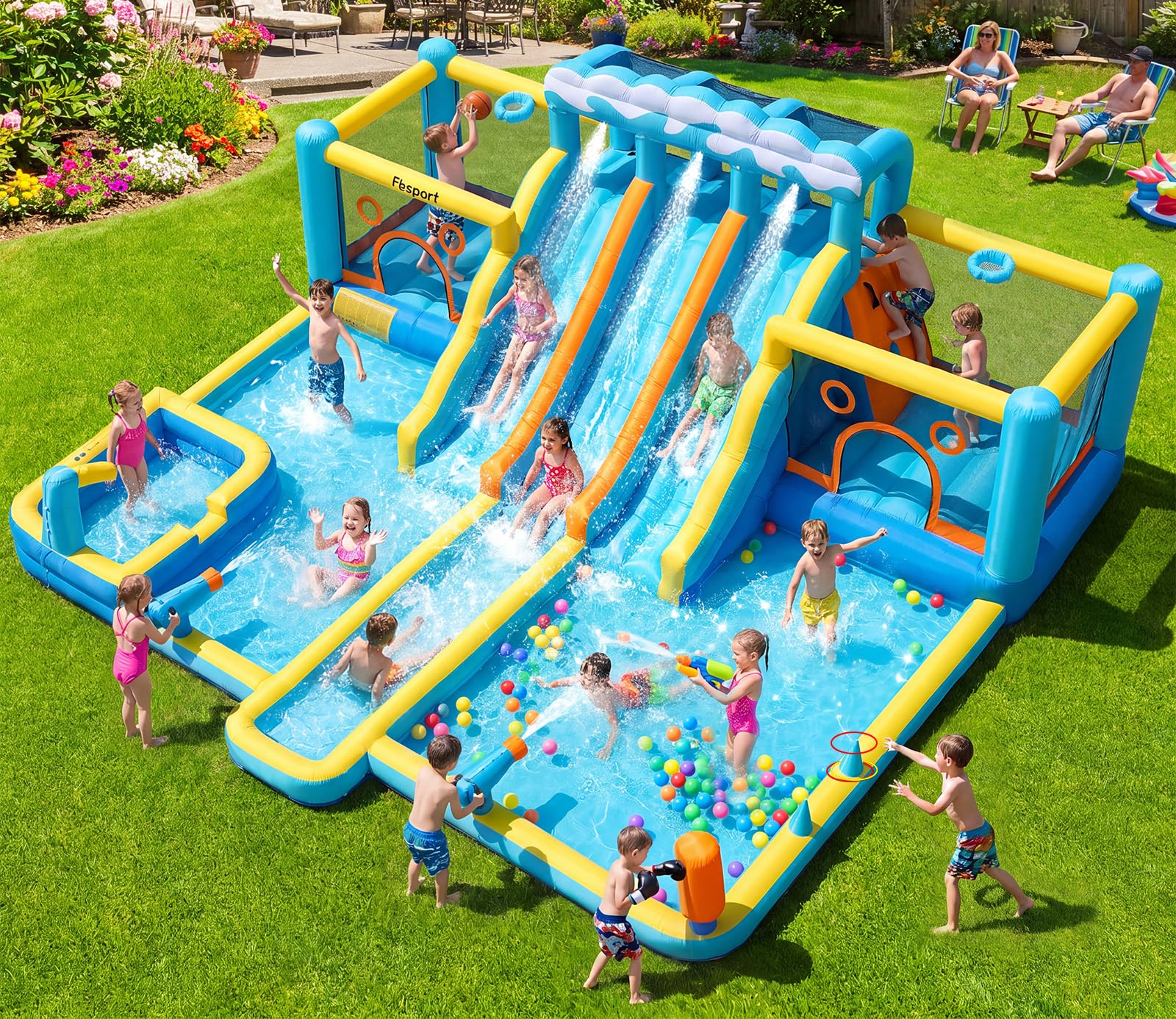 FBSPORT Bounce House Water Slide, 3 Slides 2 Bouncers for Kids Backyard | 10-in-1 Water Park Inflatable Bouncy Castle Outdoor Indoor Play, 950W Blower for Easy Setup, Safe & Durable, Summer Splash