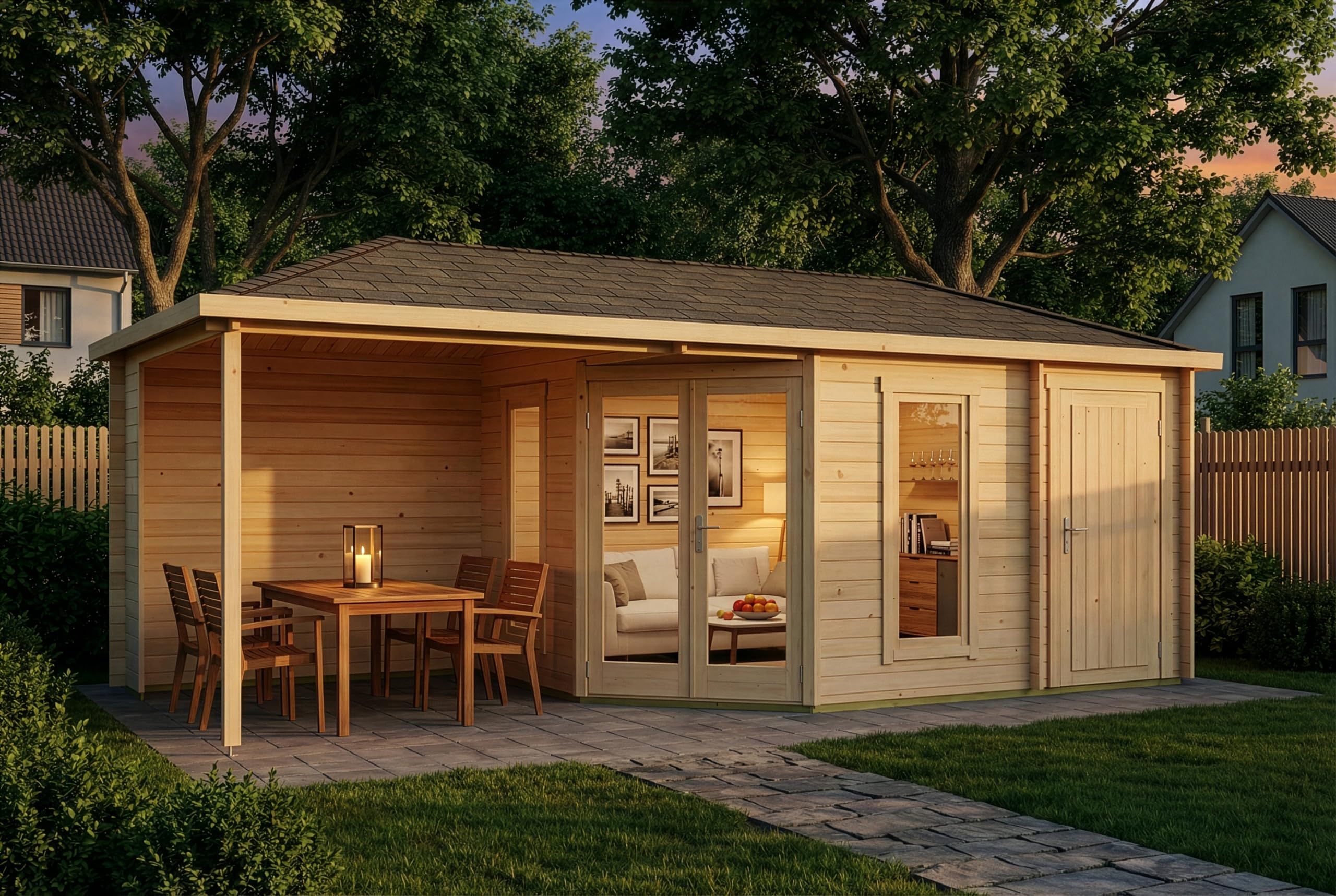 Alpholz 5-Eck Gartenhaus Liwa mit Anbau aus Holz in Naturbelassen mit 28mm Wandstärke und Überdachter Terrasse