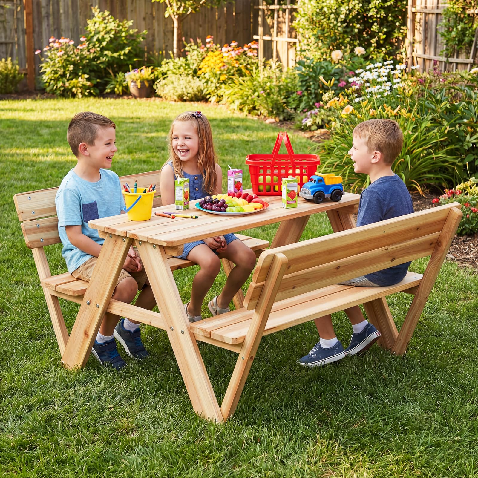 DREAMADE Table de Pique-Nique Enfants, Table Extérieure en Bois avec Bancs Intégrés et Dossiers pour 4, Ensemble Multi-activités Table et Chaises pour Patio, Jardin, Arrière-Cour, 3+ Ans