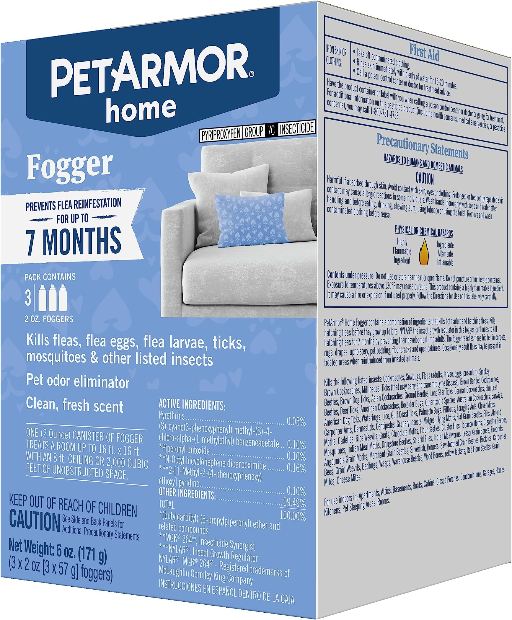 PetArmor Home Fogger, Kills Fleas, Ticks, Mosquitoes & Other Listed Insects, Helps Eliminate Pet Odor, Clean Fresh Scent, Protects for 7 Months, 3 2oz Canisters