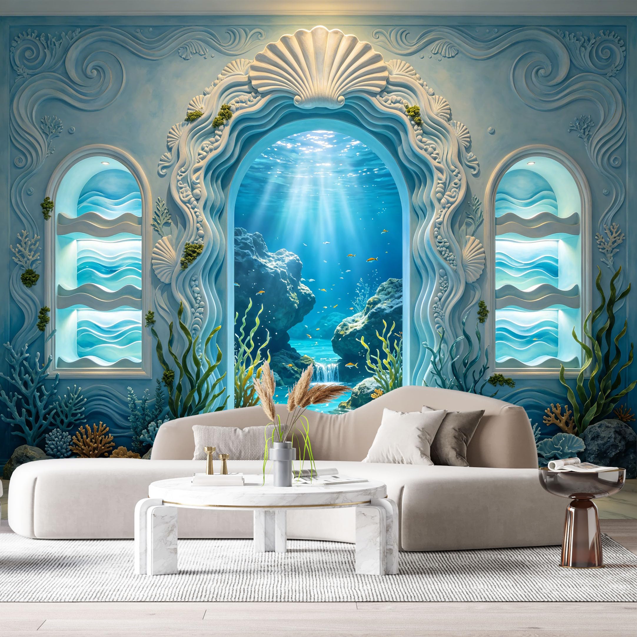 Custom Size Wall Murals Ocean Marine Underwater Palace Coral Reef 3D Trompe L'Oeil SelfAdhesiveWall Fabric Removable Wallpaper Wall Decor for Living Room Bedroom Bathroom