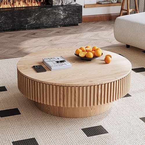 Miniatura 15 de Mesa de centro redonda de 39 pulgadas con almacenamiento, moderna mesa de centro de madera con chapa de madera maciza, mesa central circular para